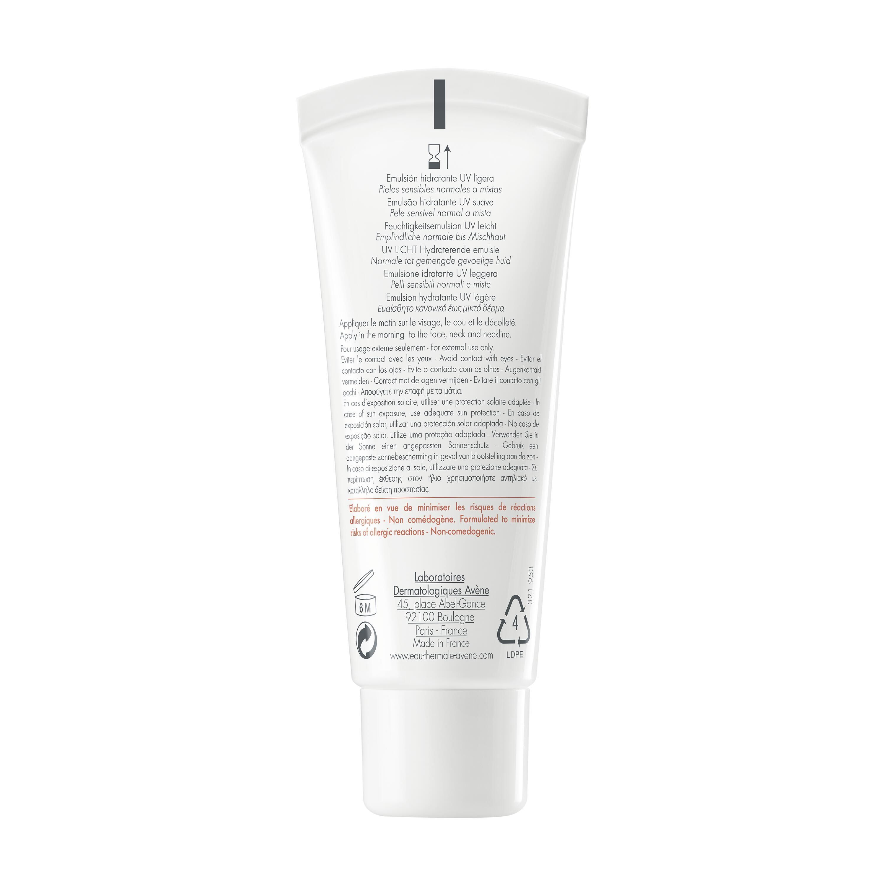 Retro del tubo Avène Hydrance. Testo multilingue, informazioni e simboli.