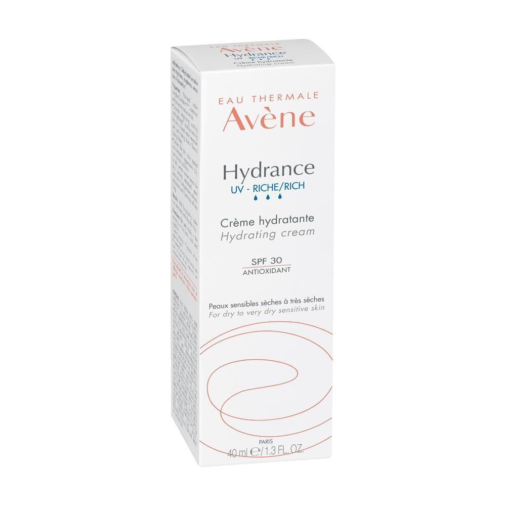 Confezione bianca Avène Hydrance UV Rich. Crema, SPF 30. Per pelli secche. 40ml.