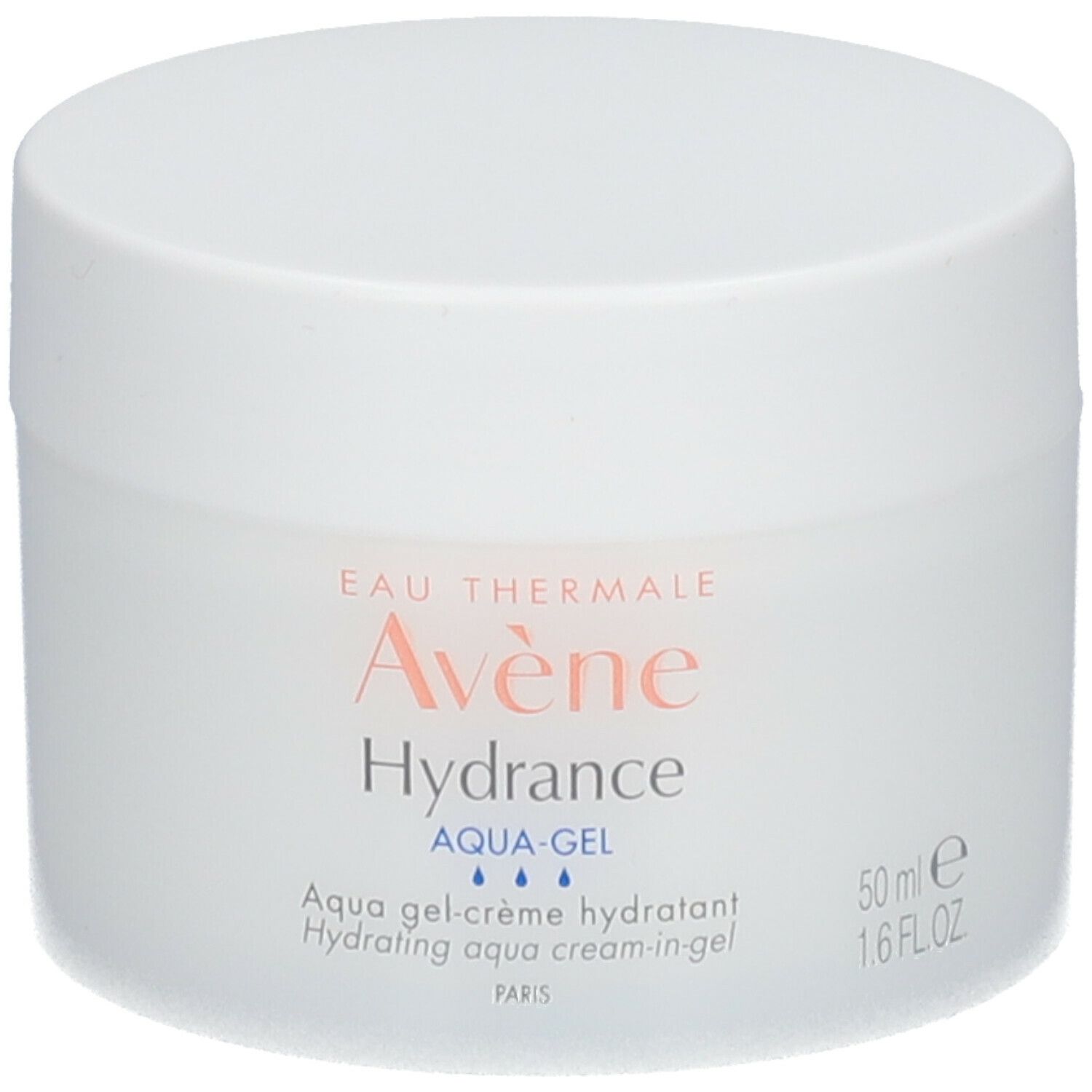 Vaso di crema bianco. Scritta: Eau Thermale Avène Hydrance Aqua-Gel. 50 ml.