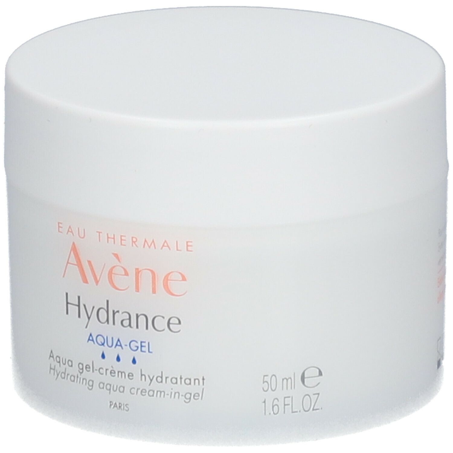 Vaso di crema bianco. Scritta: Eau Thermale Avène Hydrance Aqua-Gel. 50 ml.
