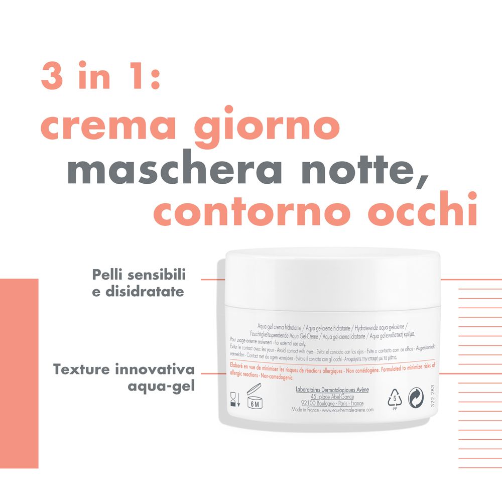 Vaso di prodotto con testo. Testo: 3 in 1: crema giorno, maschera notte, contorno occhi. Texture Aqua-Gel.