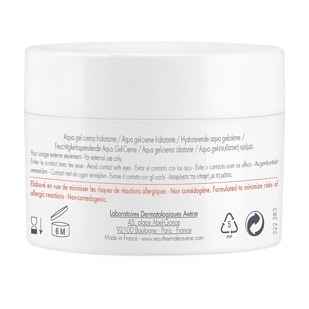 Retro del vaso di crema. Testo: Aqua gel crema idratante. Laboratoires Dermatologiques Avène.