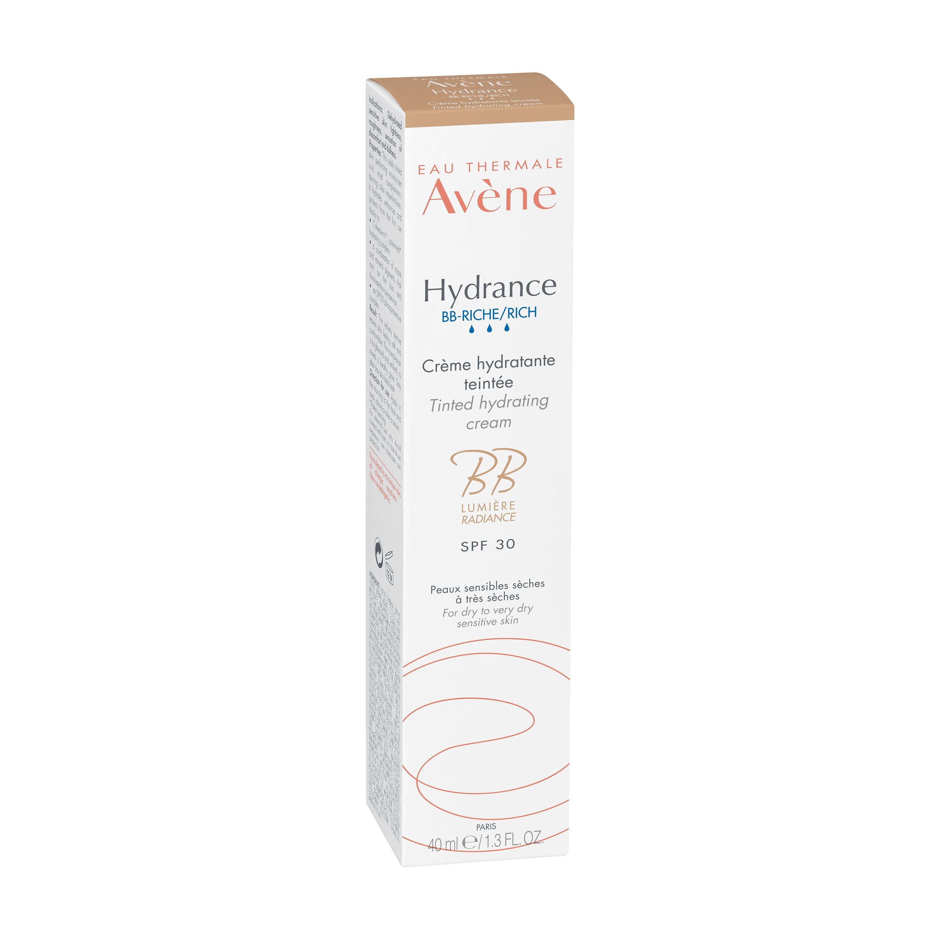 Avène Hydrance BB-Riche, crema idratante colorata, in confezione rettangolare. Testo: SPF 30. Per pelli sensibili e secche.