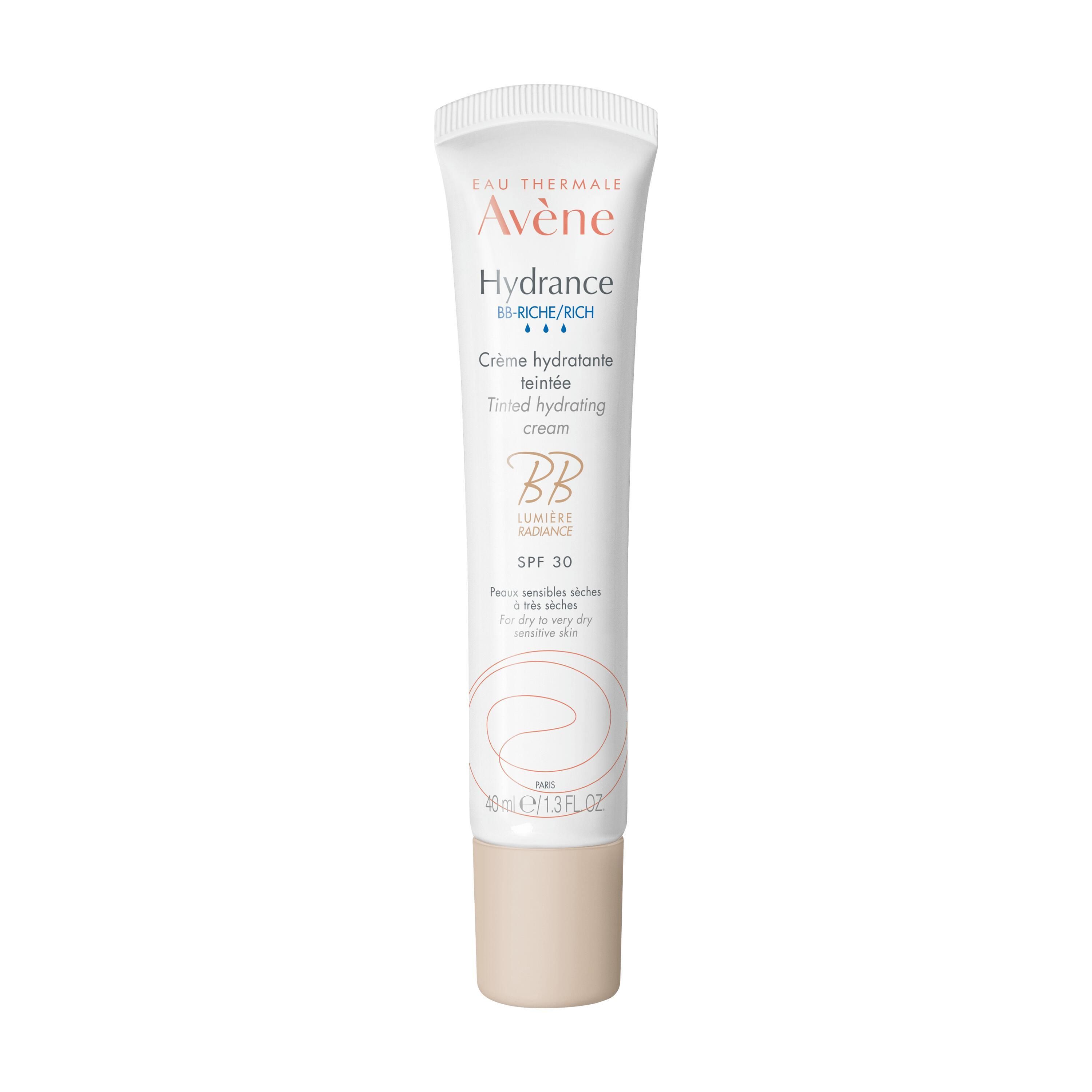 Avène Hydrance BB-Riche, crema idratante colorata, in tubo. Testo: SPF 30. Per pelli sensibili e secche. Base beige.