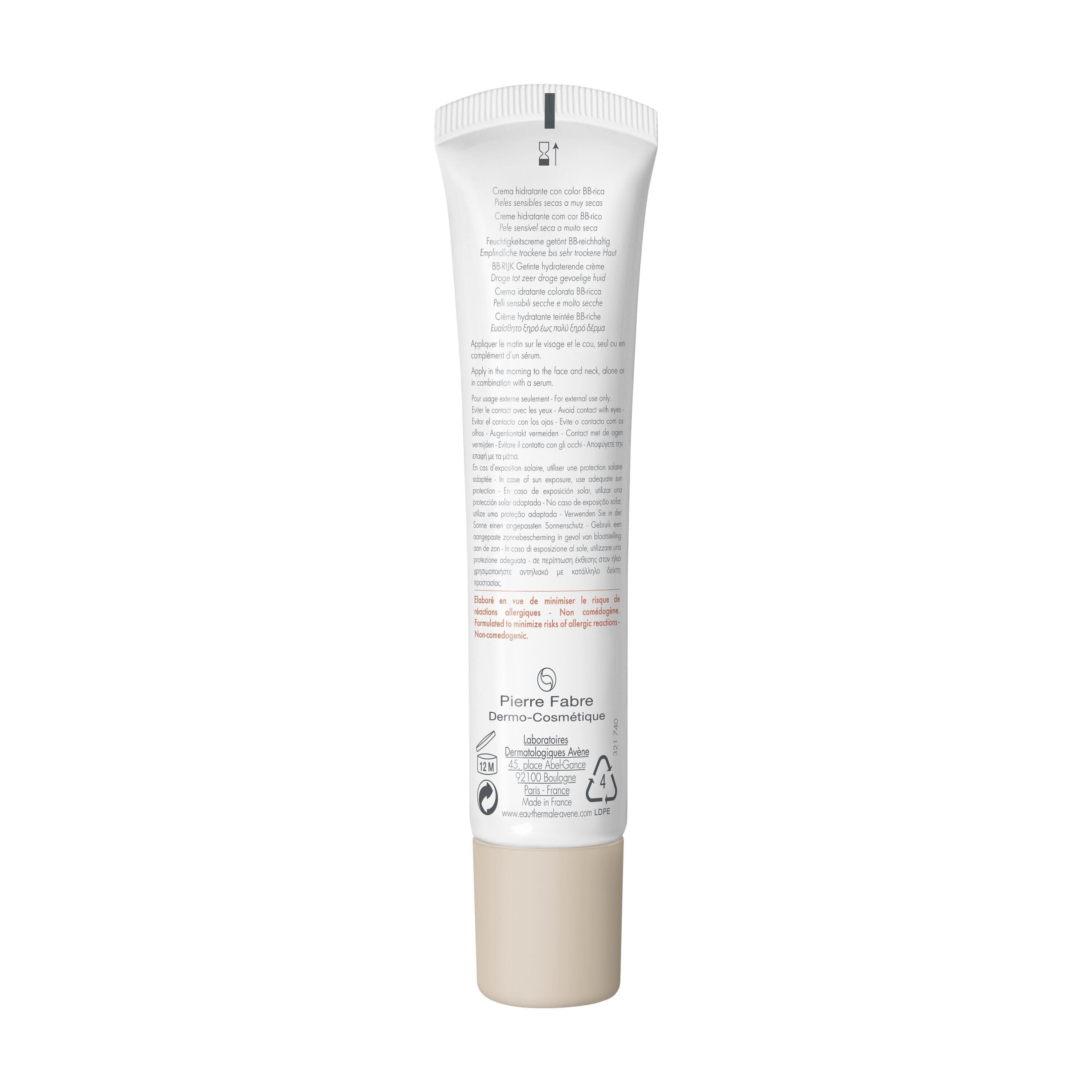 Retro di un tubo Avène Hydrance BB-Riche. Testo: informazioni e ingredienti. Produttore: Pierre Fabre. Simboli di riciclaggio.