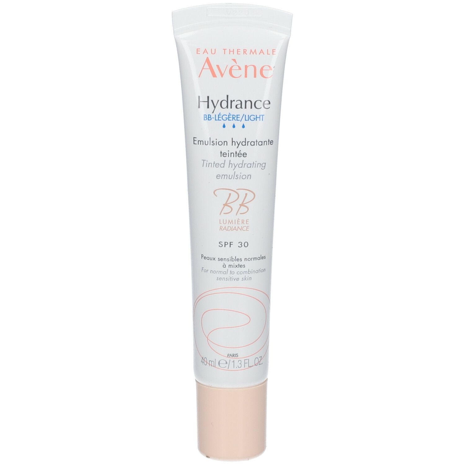 Creme-Tube mit Aufschrift Avène Hydrance BB. Getönte Feuchtigkeitsemulsion. SPF 30. Beige Kappe.