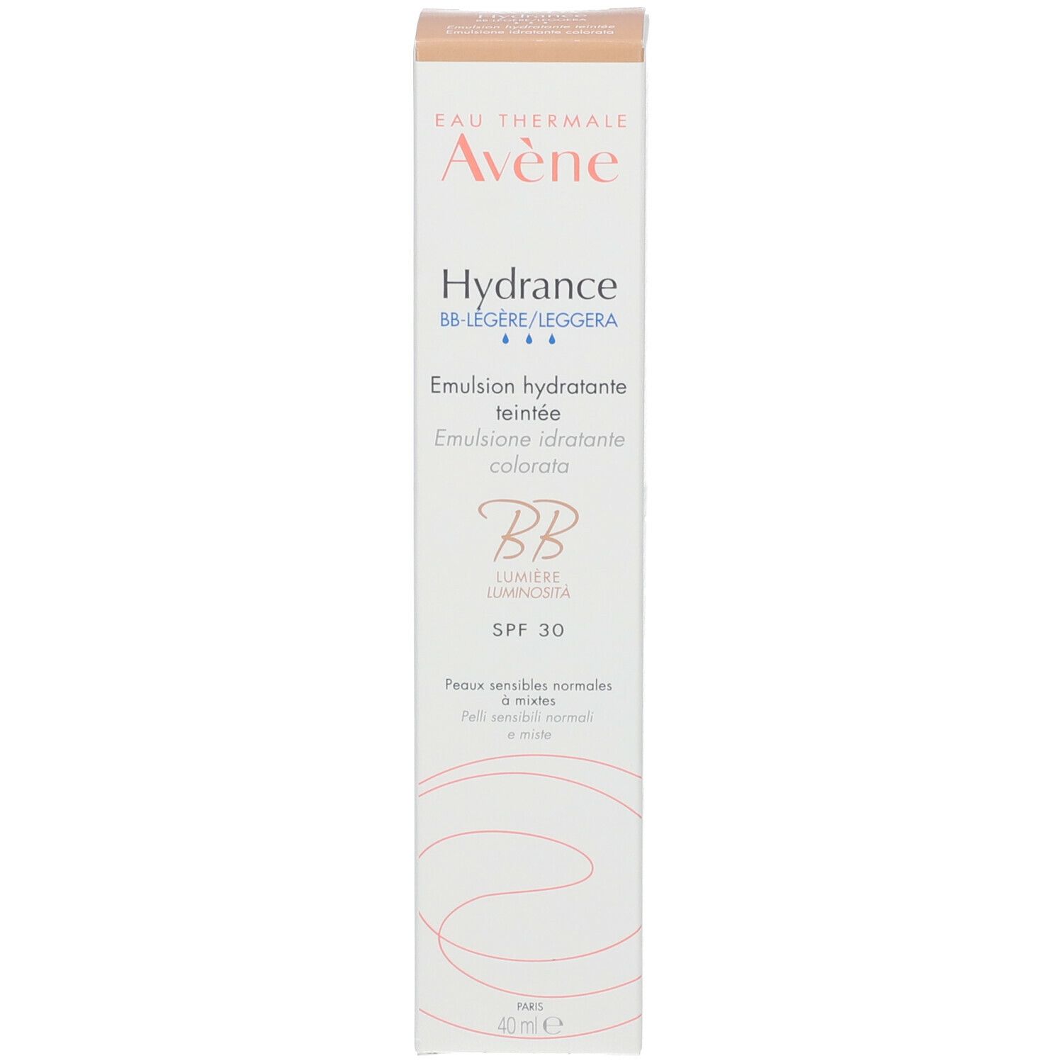 Karton mit Avène Hydrance BB. Getönte Feuchtigkeitsemulsion. SPF 30. Weiß mit Text und Logo.