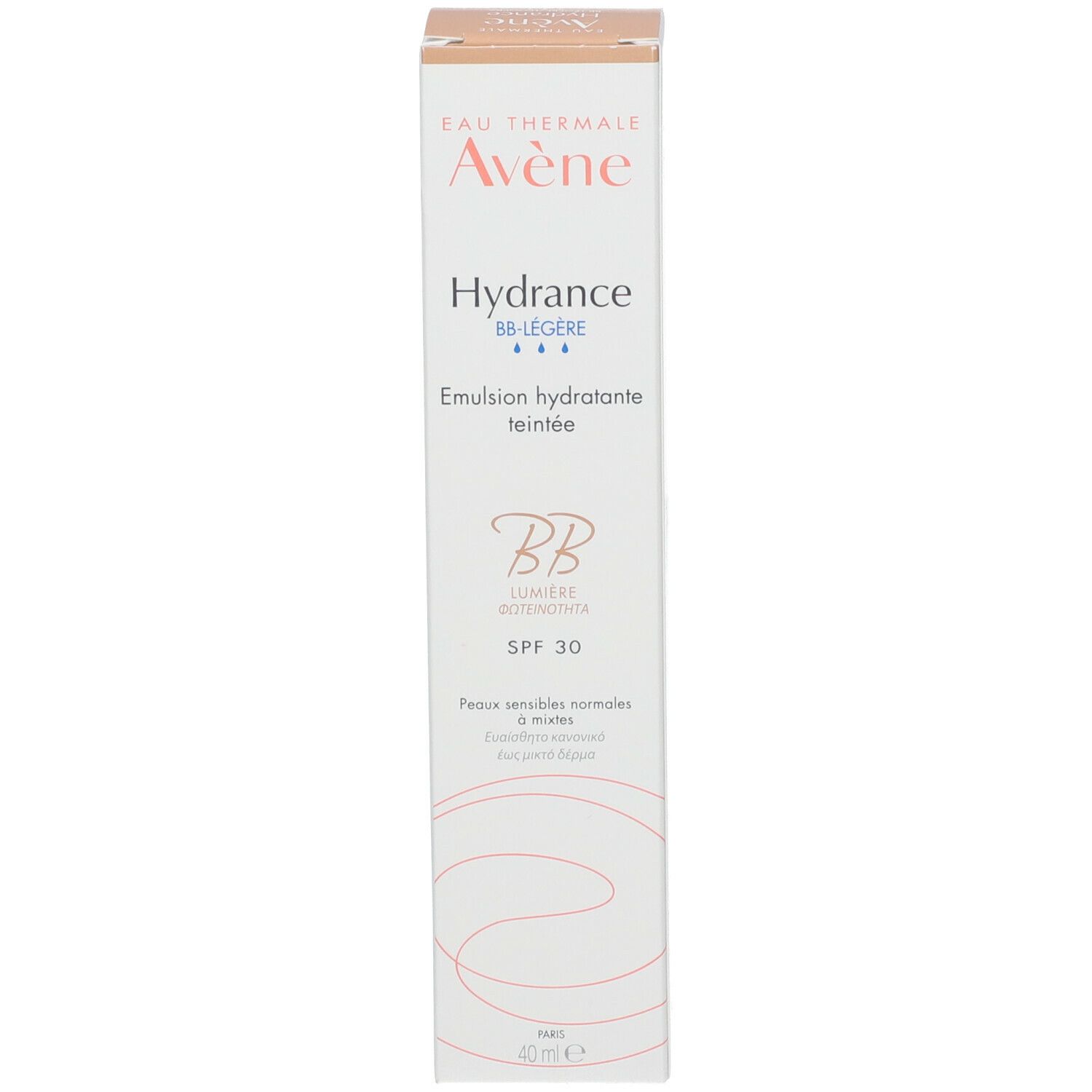 Karton mit Avène Hydrance BB. Getönte Feuchtigkeitsemulsion. SPF 30. Weiß mit Text und Logo.