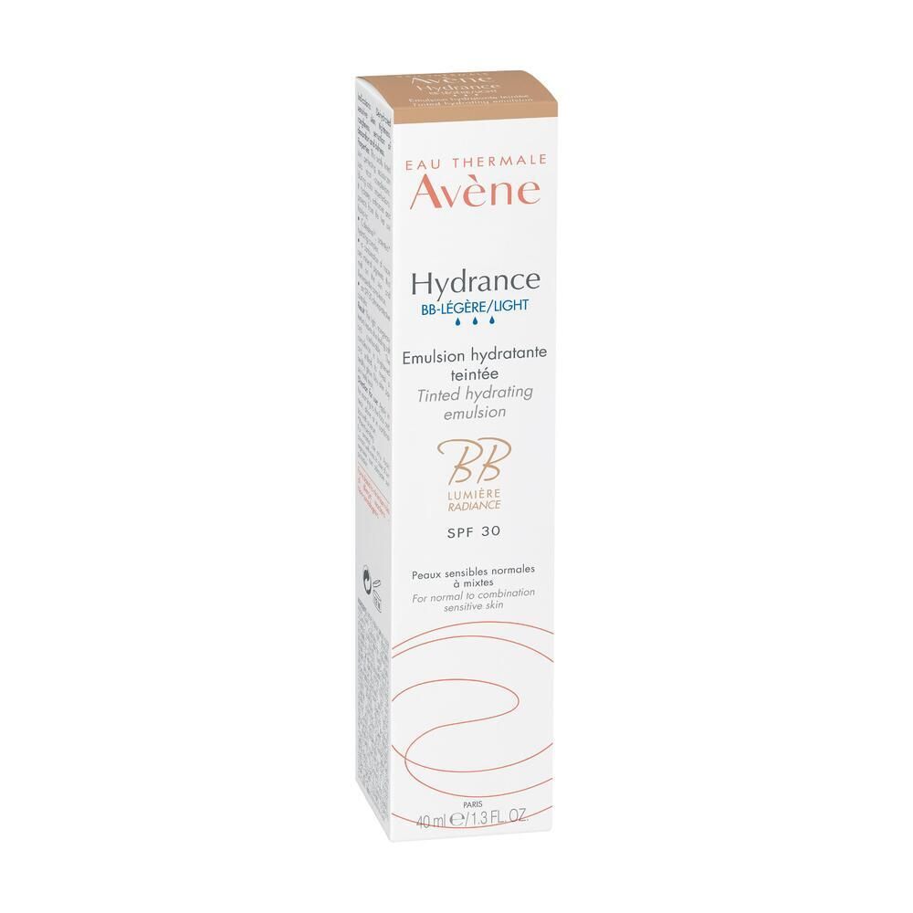 Karton mit Avène Hydrance BB. Getönte Feuchtigkeitsemulsion. SPF 30. Weiß mit Text und Logo.