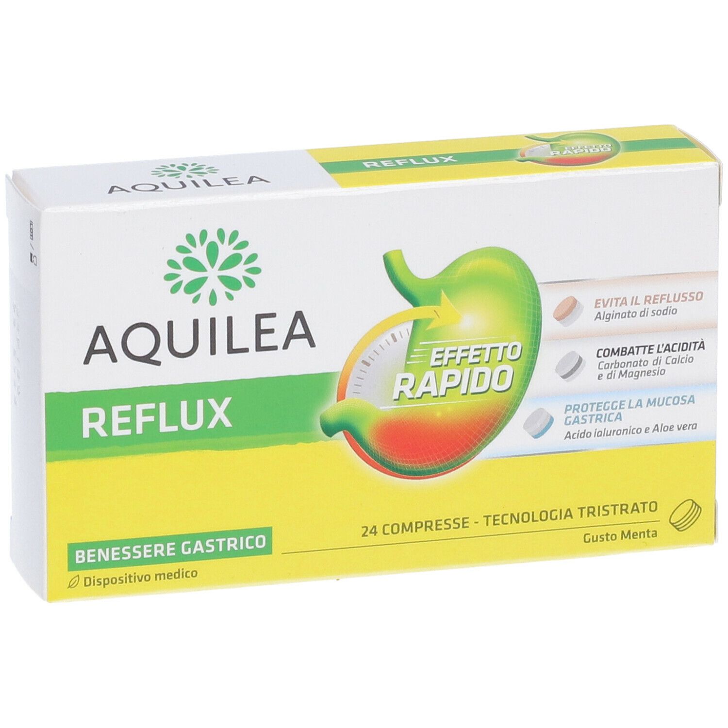 Confezione AQUILEA REFLUX con 24 compresse. Scritte: 'Effetto Rapido', 'Benessere Gastrico'. Logo del marchio e della menta.