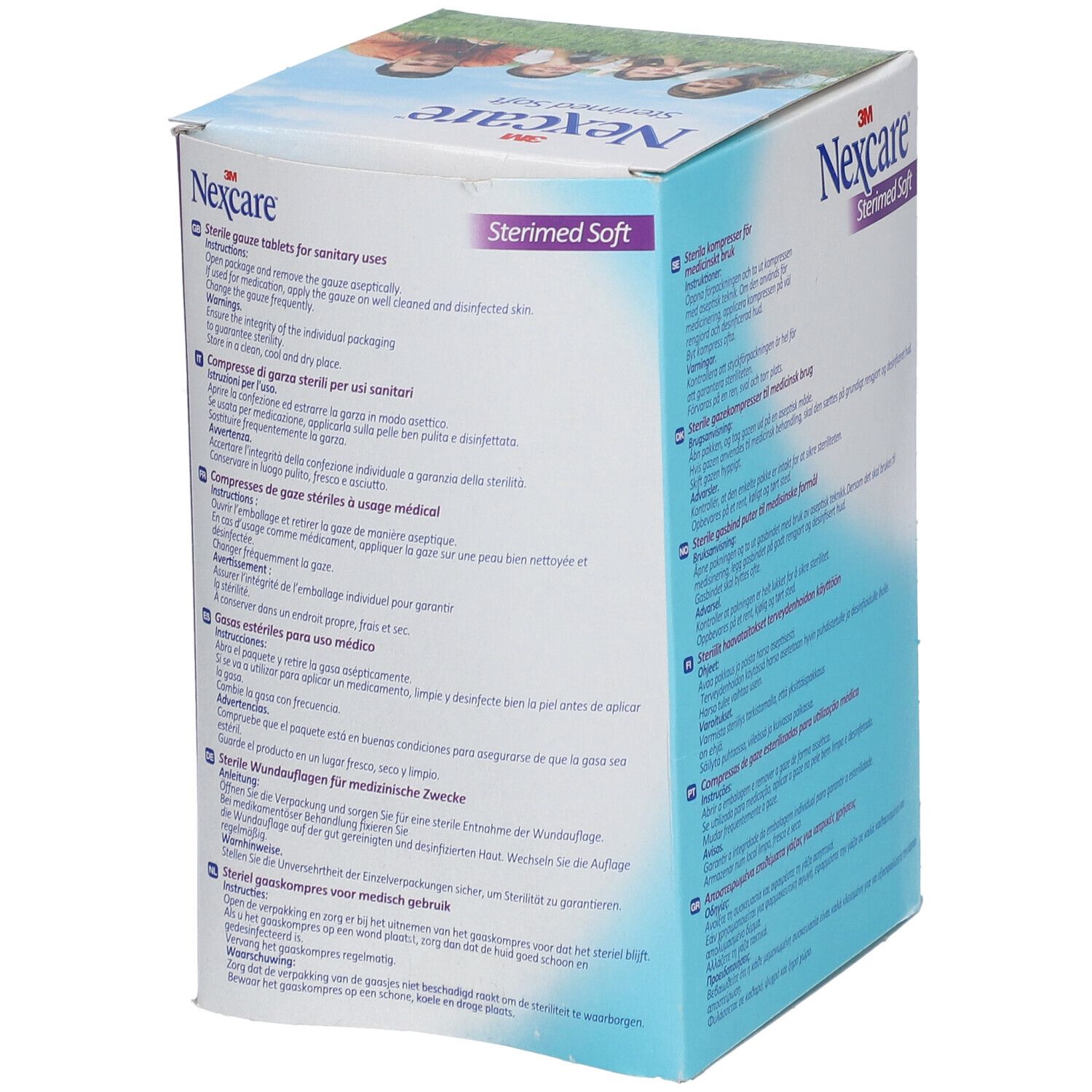Verpackung von 3M Nexcare Sterimed Soft. Text in mehreren Sprachen. Enthält sterile Gazen. Aufdruck: 3M Nexcare, Sterimed Soft.