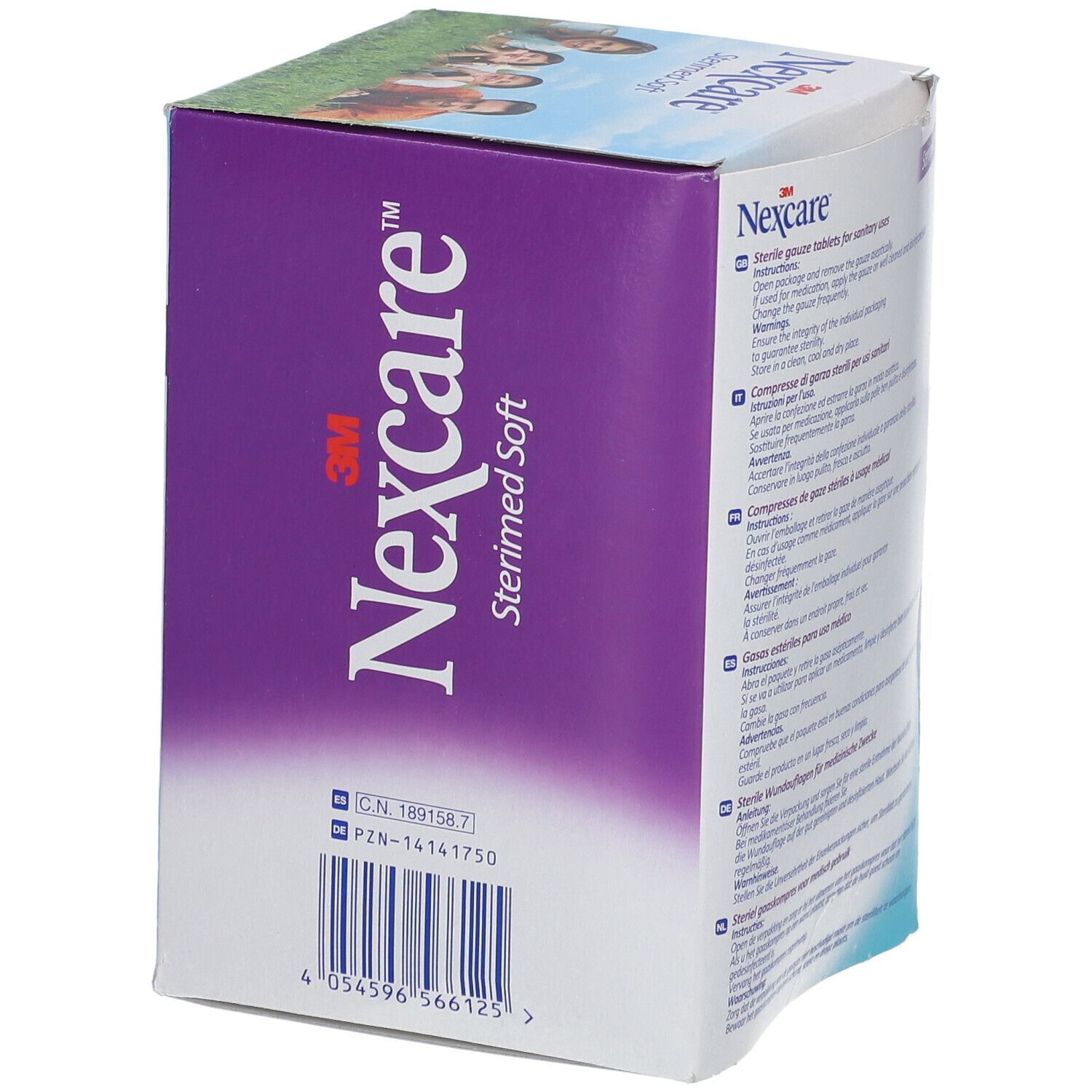 Verpackung von 3M Nexcare Sterimed Soft. Aufdruck: 3M Nexcare, Sterimed Soft. Barcode und Produktinformationen. Farbe: Lila und Weiß.