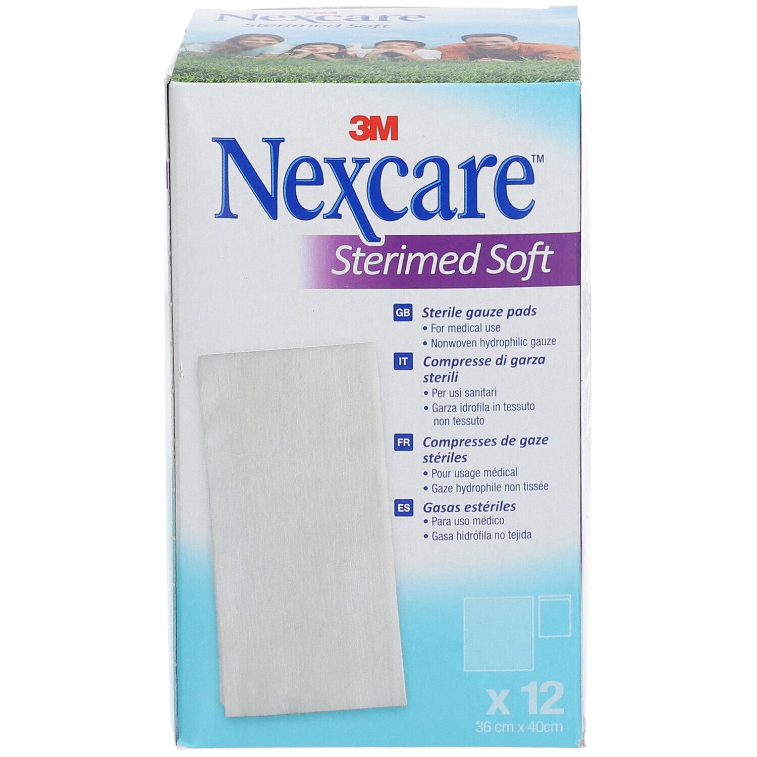 Verpackung von 3M Nexcare Sterimed Soft. Enthält 12 sterile Gazen. Größe: 36 x 40 cm. Aufdruck: 3M Nexcare, Sterimed Soft.