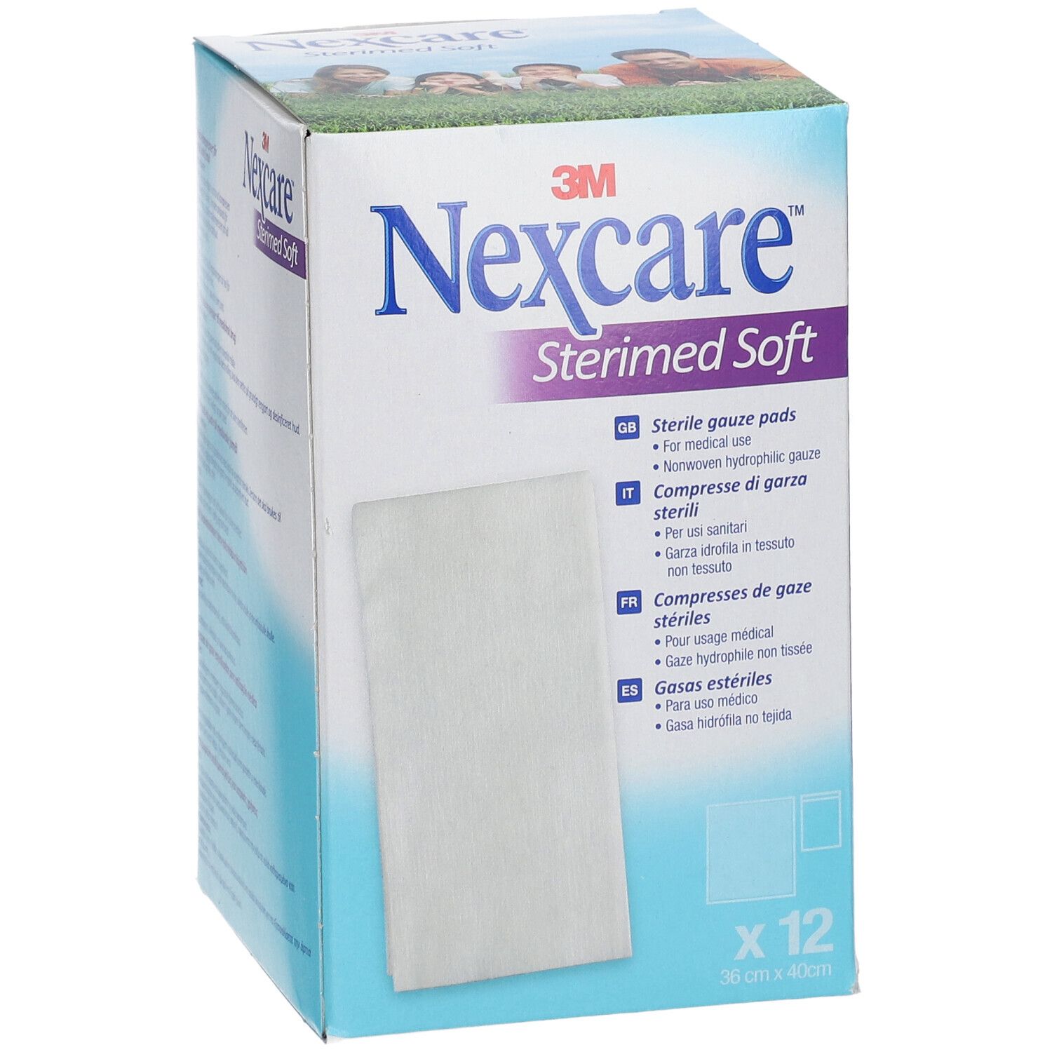 Verpackung von 3M Nexcare Sterimed Soft. Enthält 12 sterile Gazen. Größe: 36 x 40 cm. Aufdruck: 3M Nexcare, Sterimed Soft.