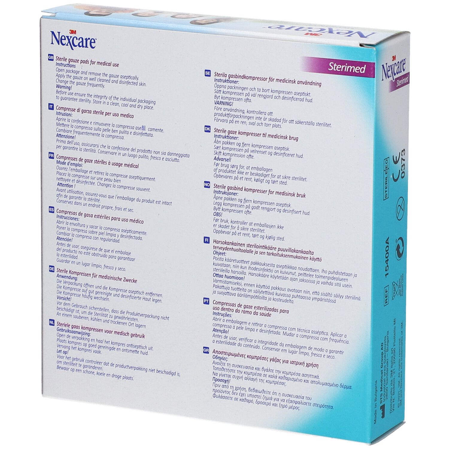 Rückseite der Verpackung von Nexcare Sterimed. Text in mehreren Sprachen. Enthält sterile Gazekompressen.