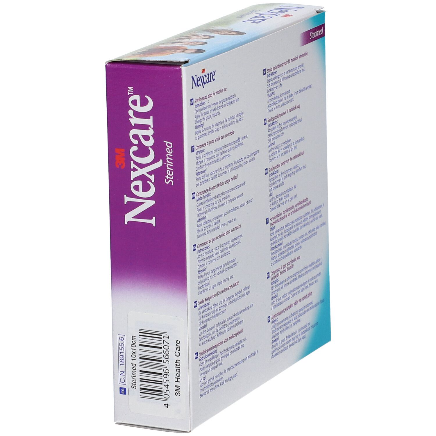 Verpackung von Nexcare Sterimed. Enthält sterile Gazekompressen. 3M Health Care Logo. EAN-Code.