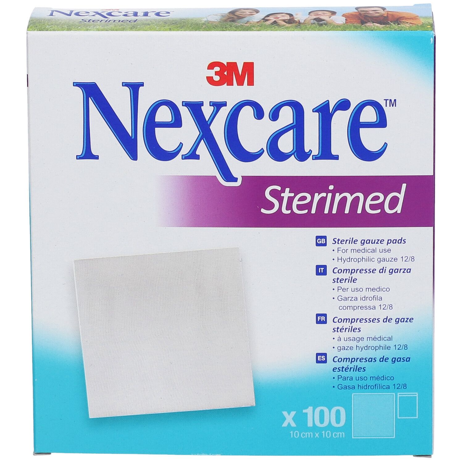 Verpackung von Nexcare Sterimed. Enthält sterile Gazekompressen. Größe 10 x 10 cm. 100 Stück. 3M Logo.