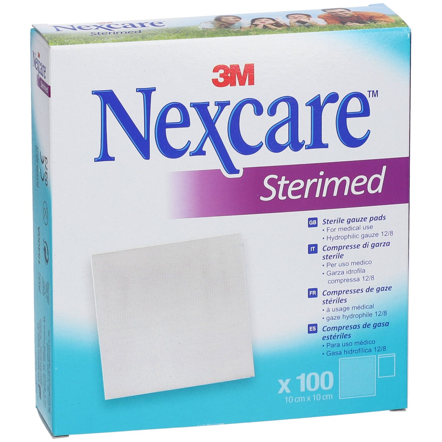 Verpackung von Nexcare Sterimed. Enthält sterile Gazekompressen. Größe 10 x 10 cm. 100 Stück. 3M Logo.