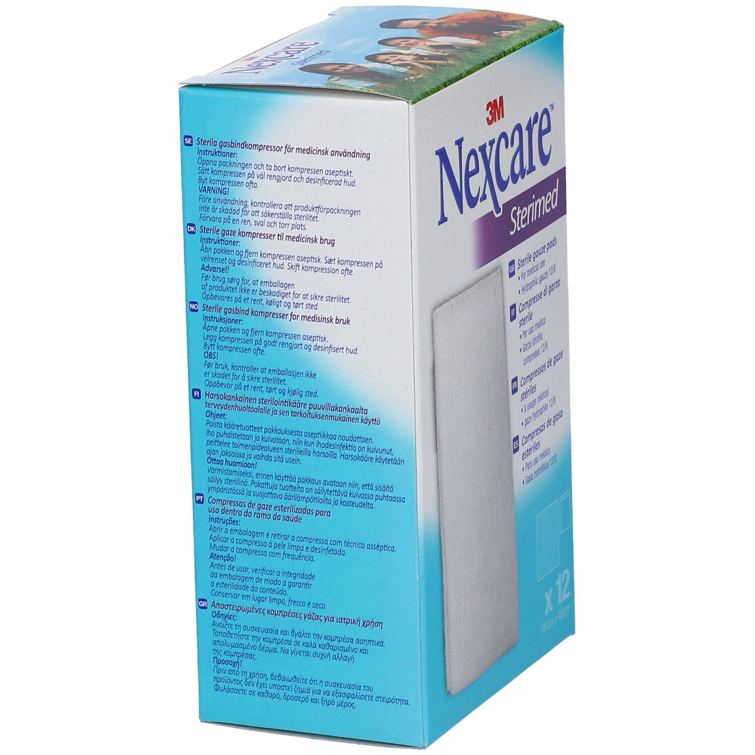 Seitenansicht der Nexcare Sterimed Verpackung. Text in mehreren Sprachen. Enthält sterile Gazekompressen. Produktname und Logo sichtbar.