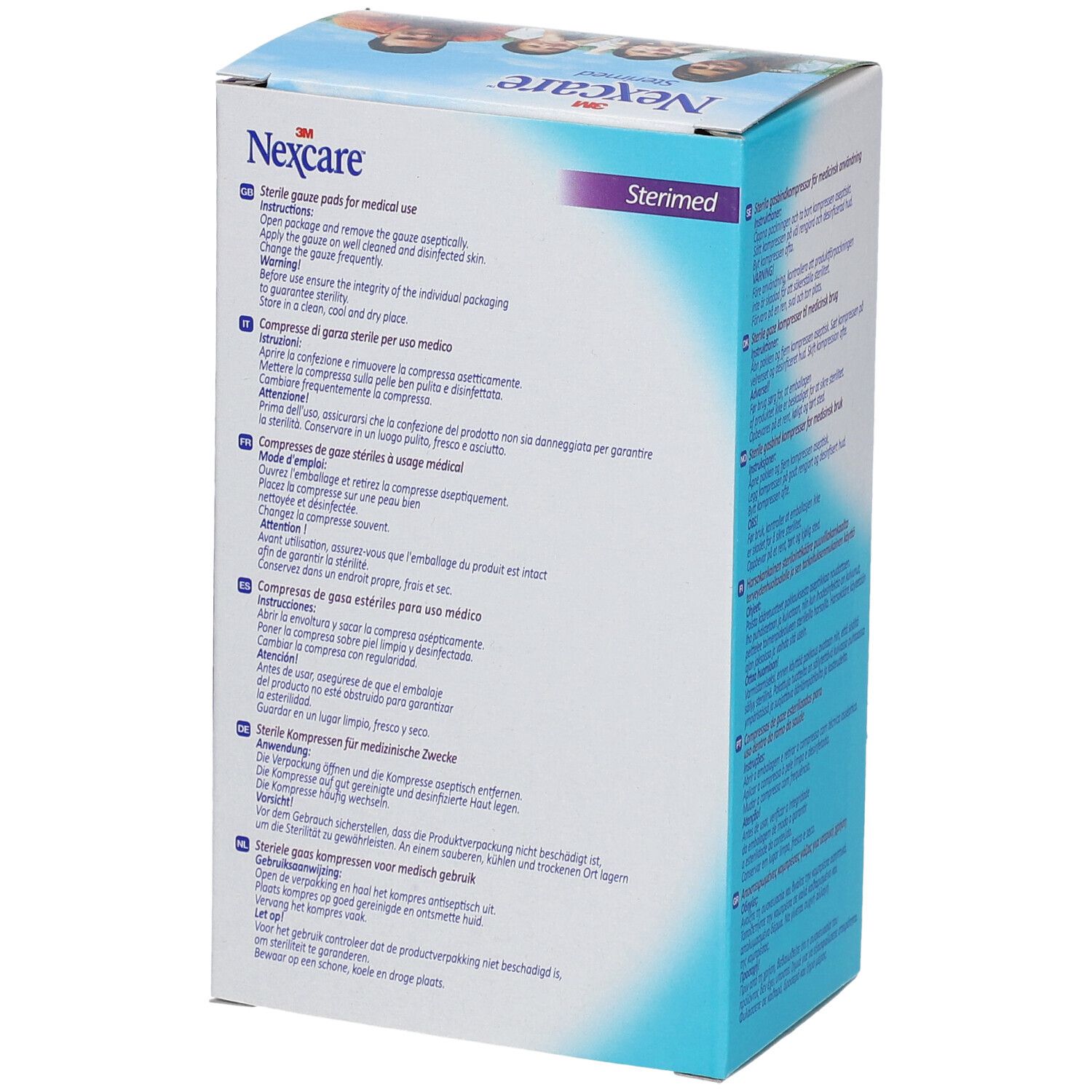 Rückseite der Nexcare Sterimed Verpackung. Text in mehreren Sprachen. Enthält sterile Gazekompressen. Produktname und Logo sichtbar.