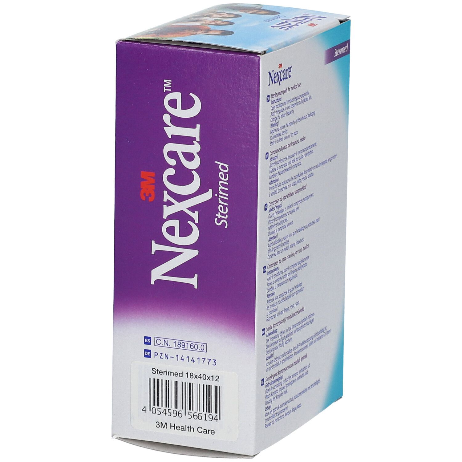 Seitenansicht der Nexcare Sterimed Verpackung. Produktname, Logo und Produktinformationen. Größe: 18x40x12.