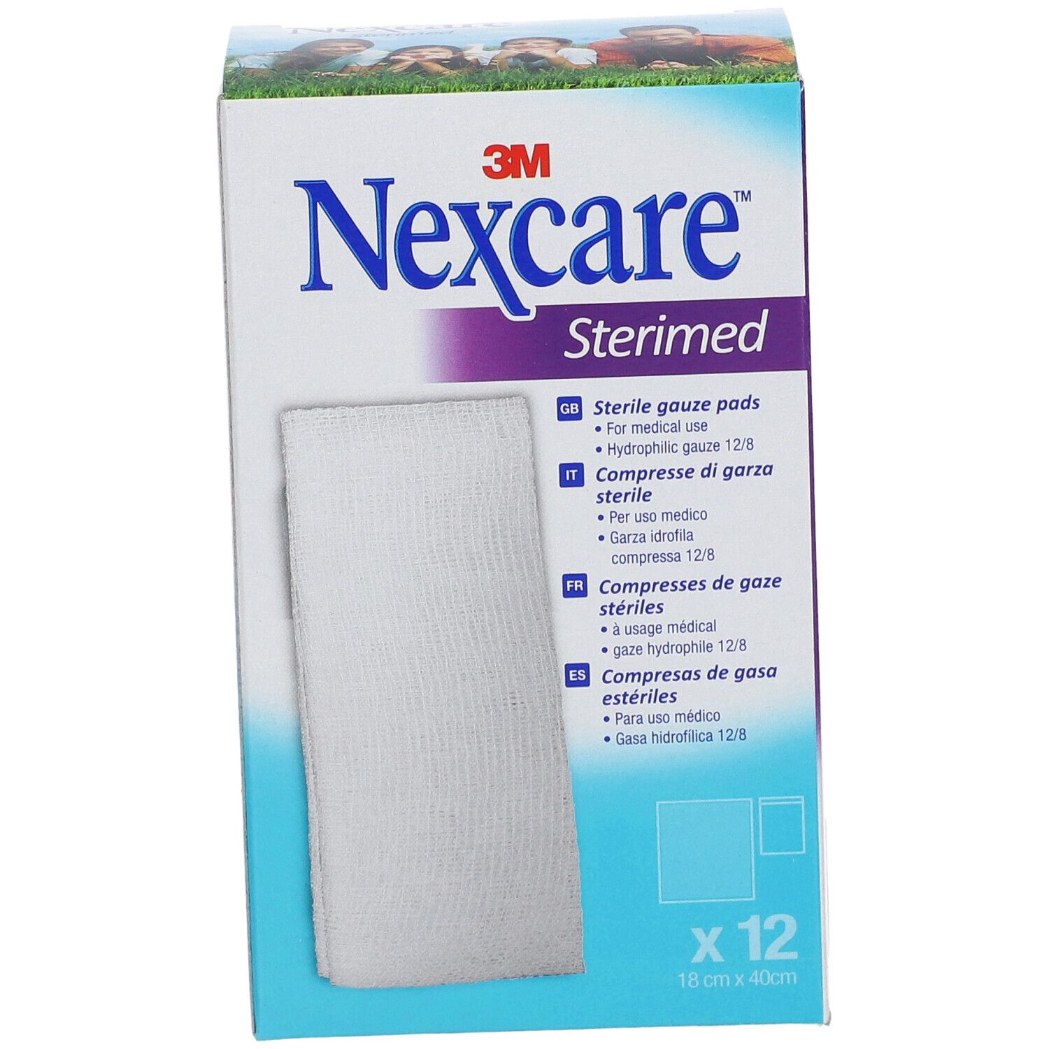 Vorderansicht der Nexcare Sterimed Verpackung. Enthält sterile Gazekompressen. 12 Stück, 18 x 40 cm. Produktname und Logo sichtbar.
