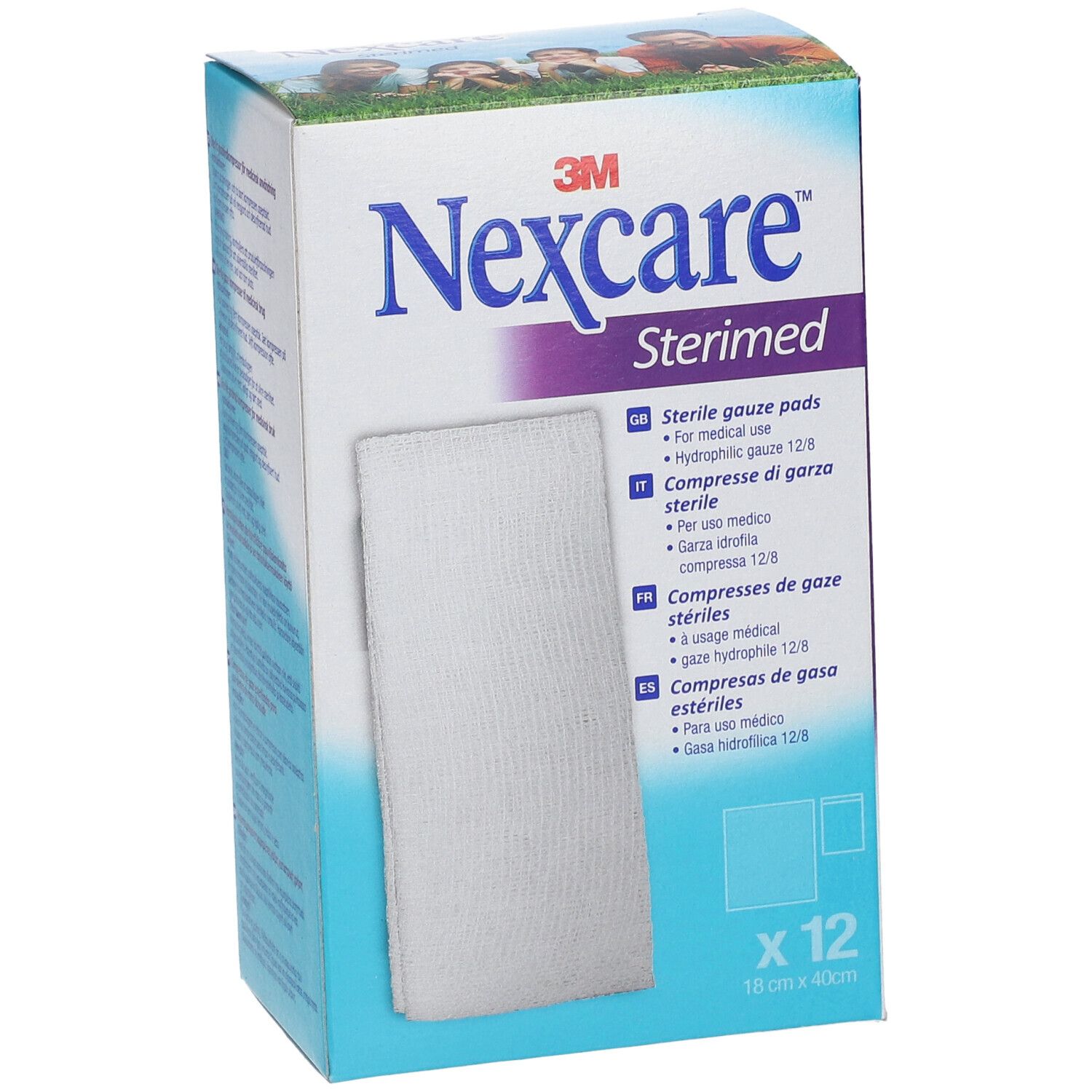 Vorderansicht der Nexcare Sterimed Verpackung. Enthält sterile Gazekompressen. 12 Stück, 18 x 40 cm. Produktname und Logo sichtbar.