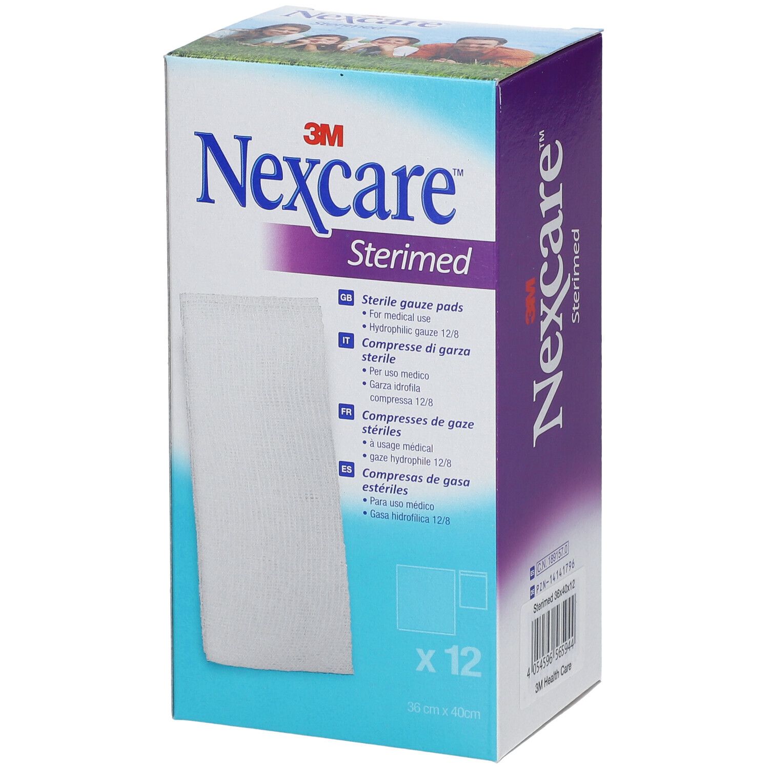 3M Nexcare Sterimed, sterile Gazepads, Packung mit 12 Stück. Größe 36 x 40 cm. Produktverpackung mit Produktnamen und Logo.