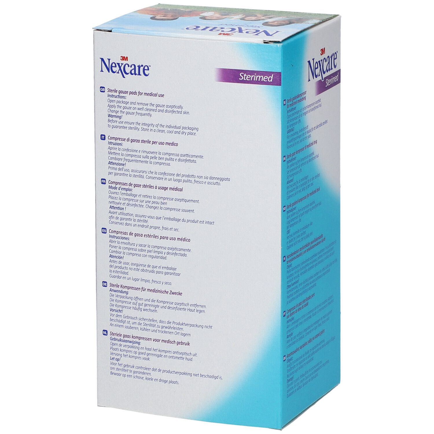 3M Nexcare Sterimed Verpackung. Rückseite mit Text in verschiedenen Sprachen. Produktname und Logo sind sichtbar.