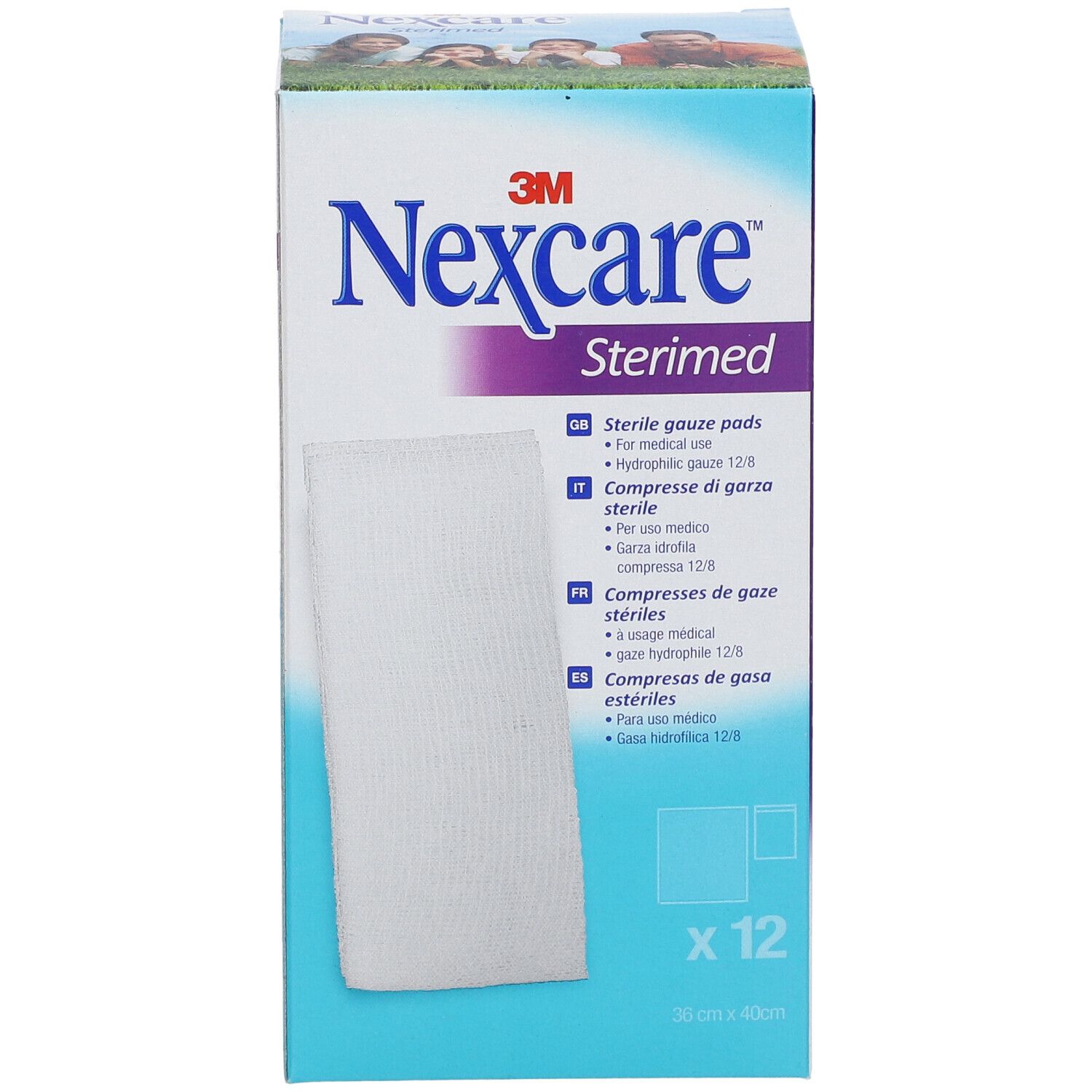 3M Nexcare Sterimed, sterile Gazepads, Packung mit 12 Stück. Größe 36 x 40 cm. Produktverpackung mit Produktnamen und Logo.