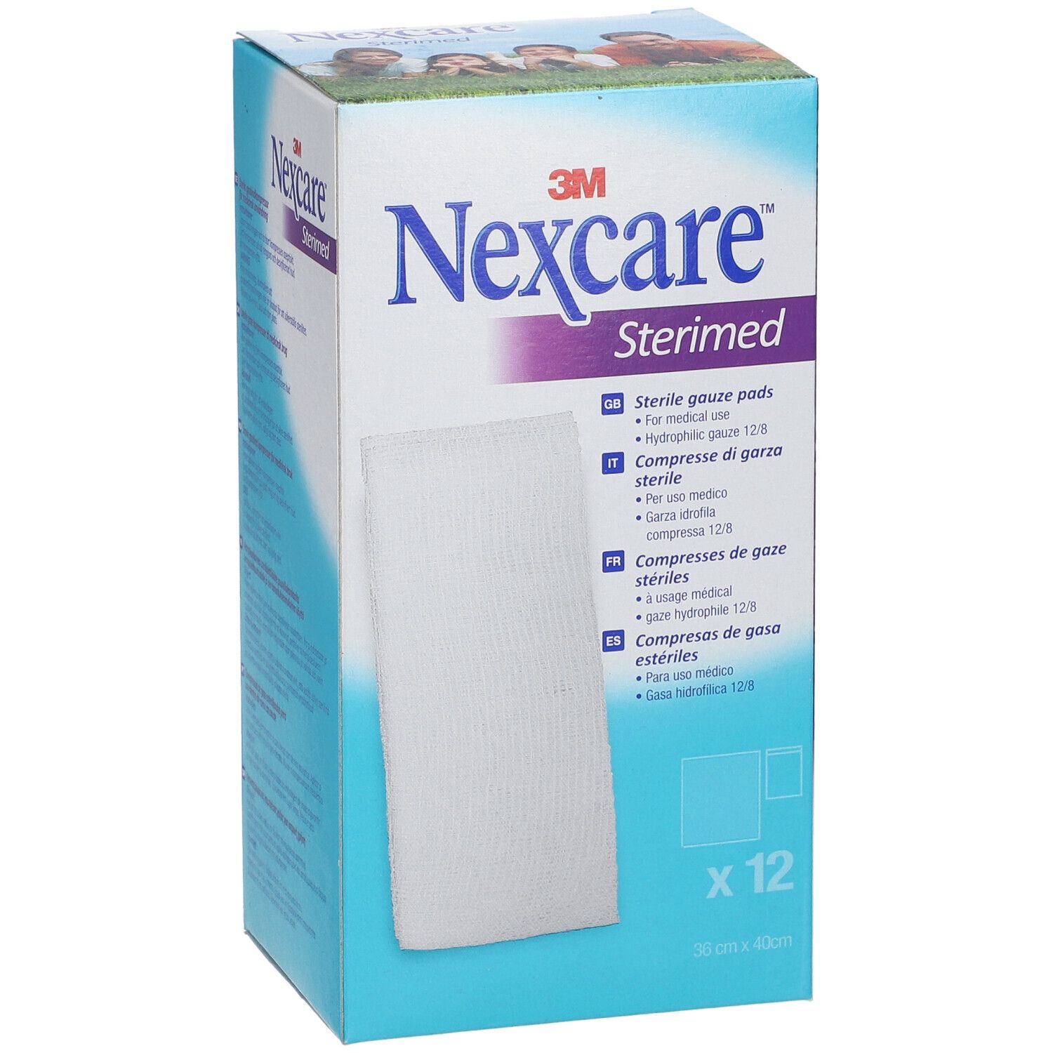 3M Nexcare Sterimed, sterile Gazepads, Packung mit 12 Stück. Größe 36 x 40 cm. Produktverpackung mit Produktnamen und Logo.