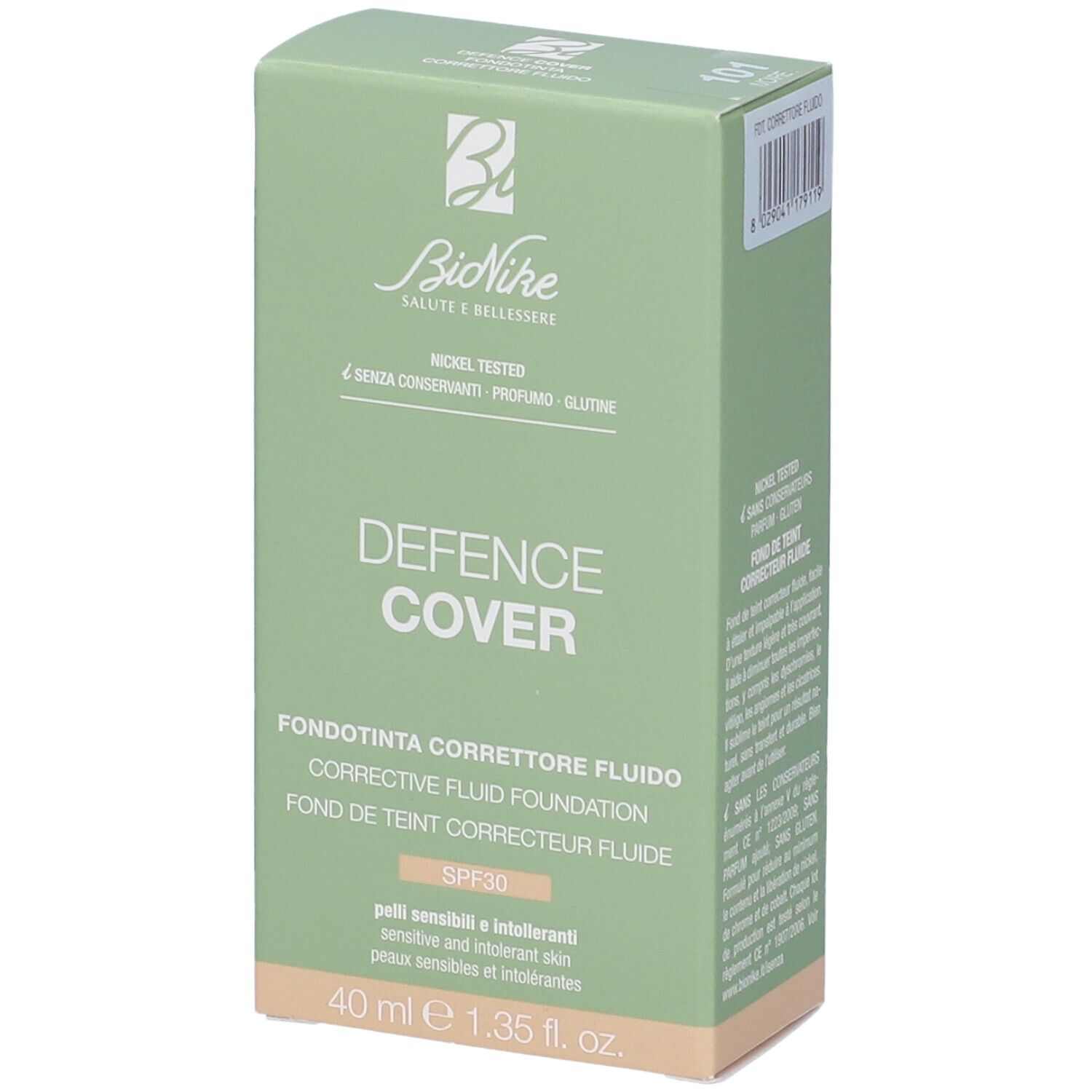 Confezione verde con fondotinta. Marchio Bionike. Testo: Defence Cover, Fondotinta Correttore Fluido, SPF30, 40 ml.