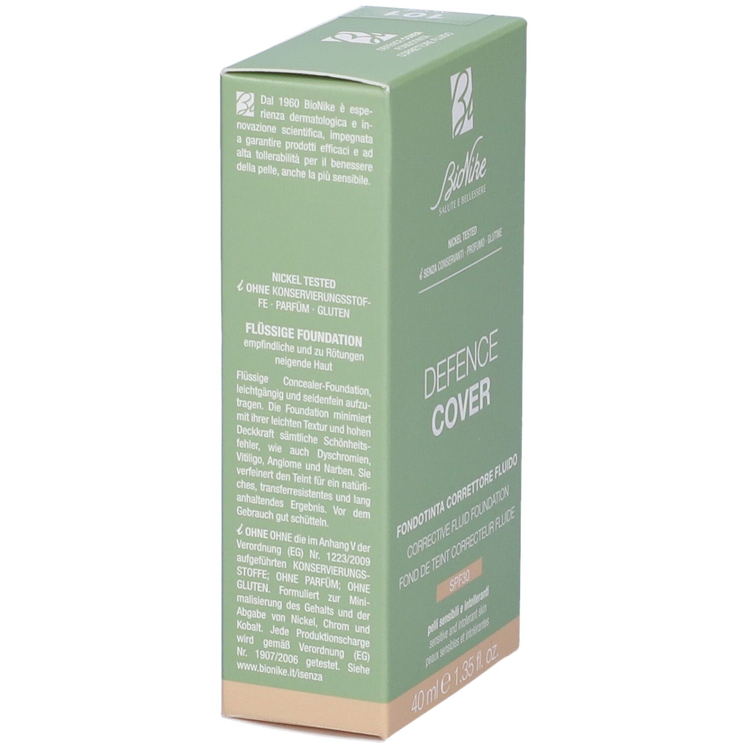 Confezione verde con testo. Marchio Bionike. Testo: Defence Cover, Fondotinta Correttore Fluido, SPF30, 40 ml. Dettagli e ingredienti.