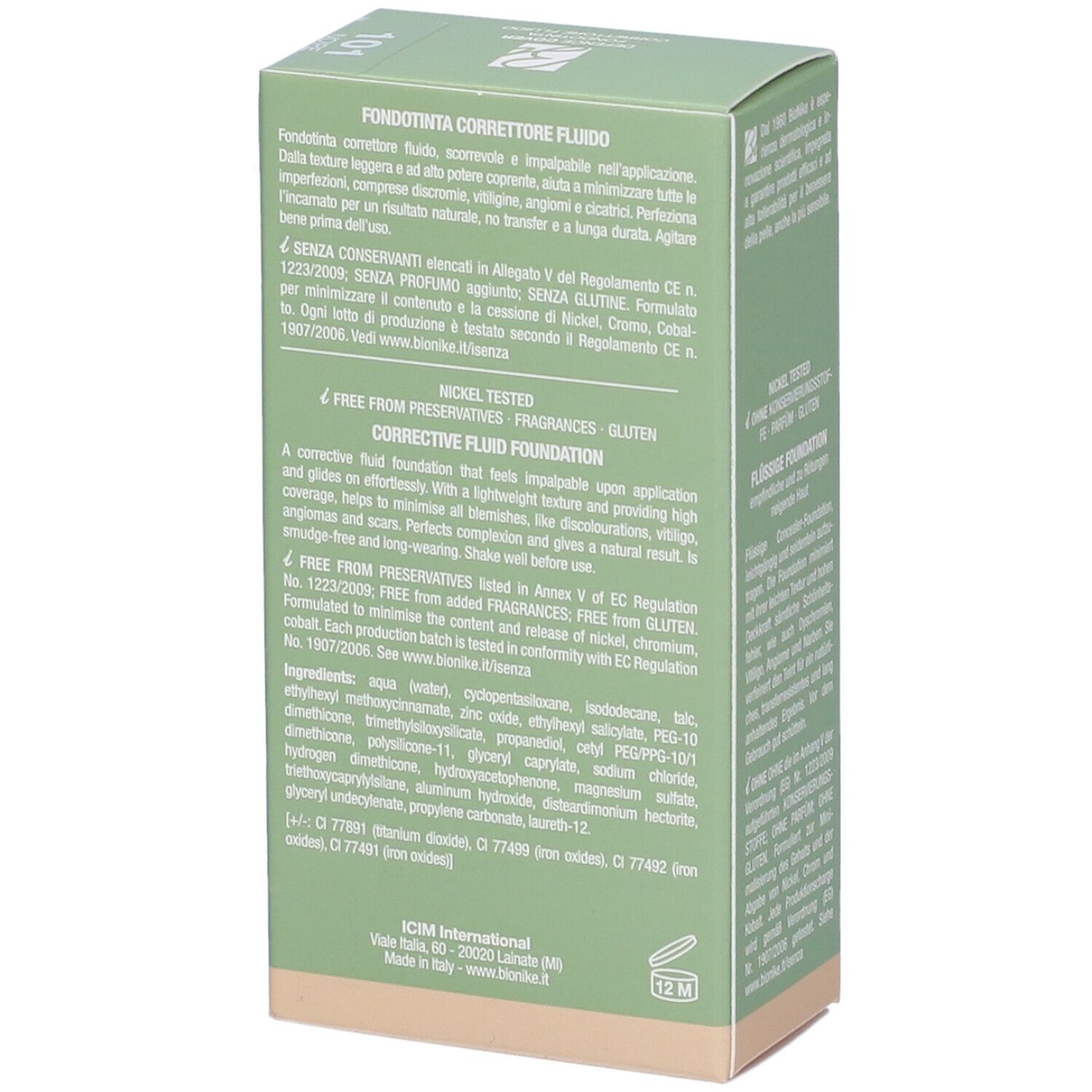 Confezione verde con testo. Marchio Bionike. Testo: Defence Cover, Fondotinta Correttore Fluido, SPF30, 40 ml. Ingredienti e dettagli.