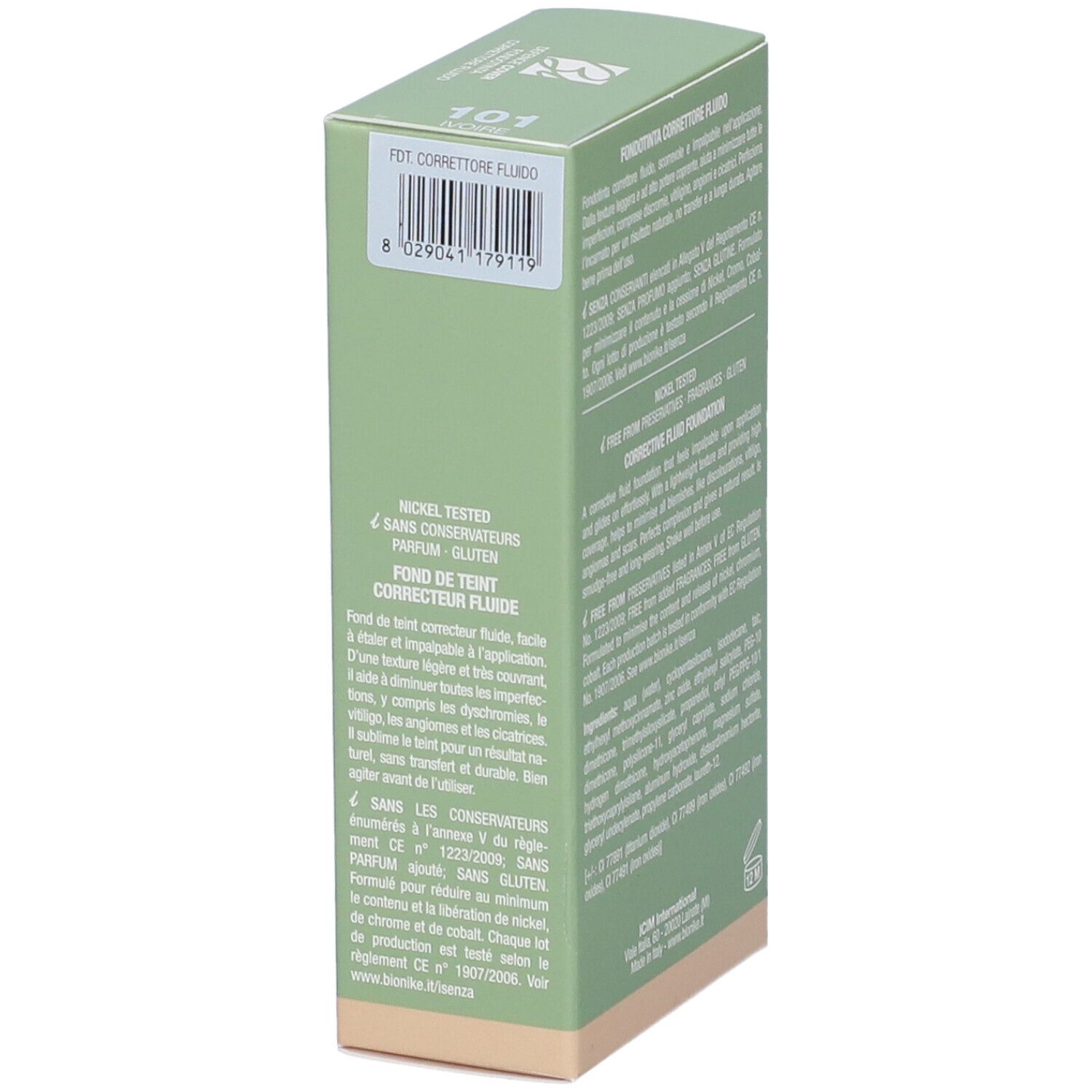 Confezione verde con testo. Marchio Bionike. Testo: Defence Cover, Fondotinta Correttore Fluido, SPF30, 40 ml. Dettagli e ingredienti.