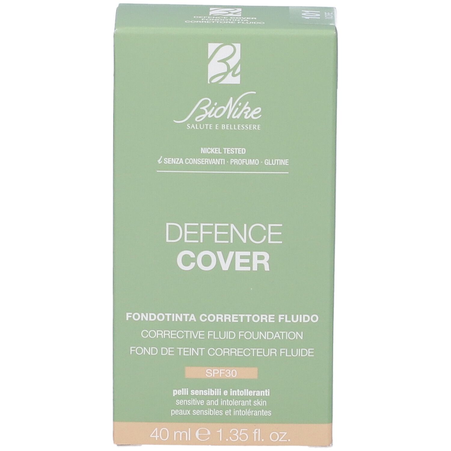 Confezione verde con fondotinta. Marchio Bionike. Testo: Defence Cover, Fondotinta Correttore Fluido, SPF30, 40 ml.