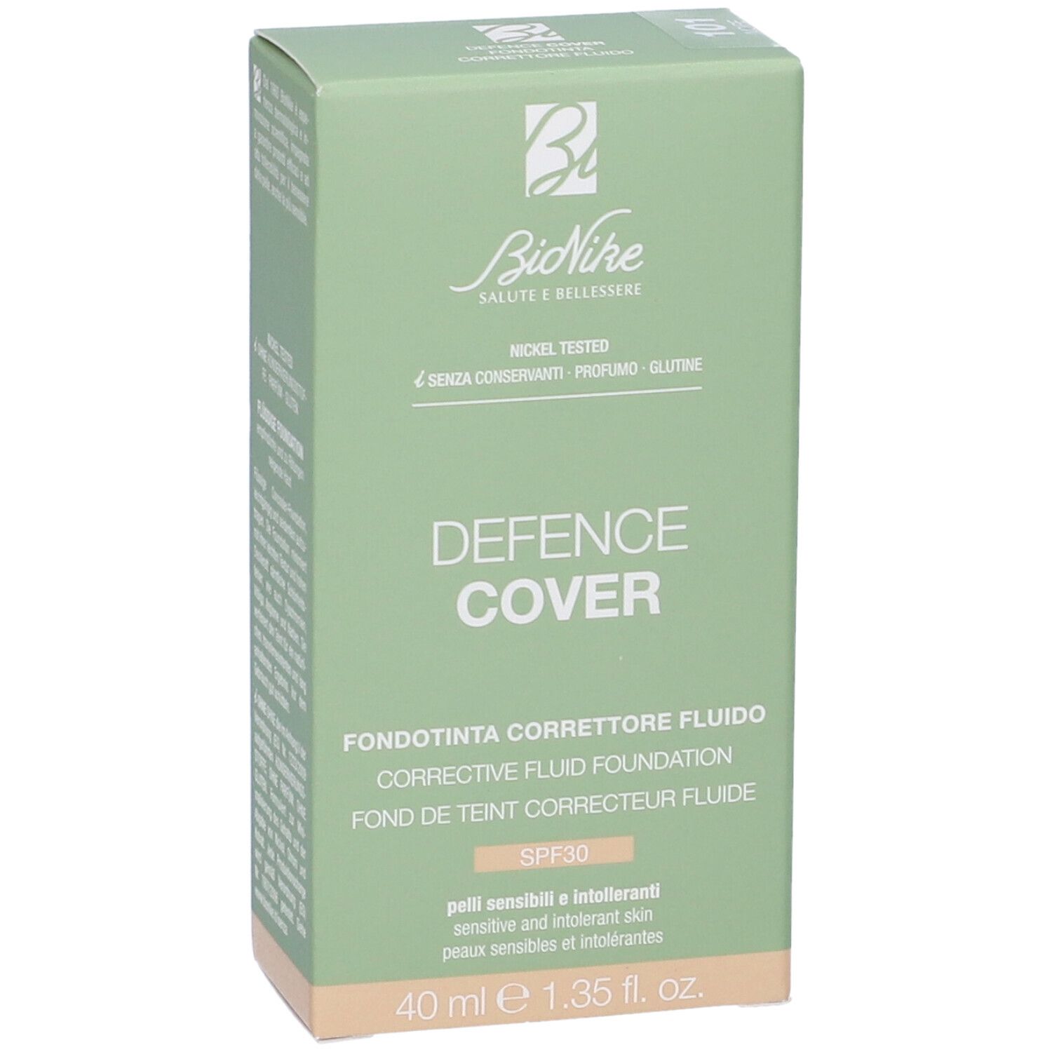 Confezione verde con fondotinta. Marchio Bionike. Testo: Defence Cover, Fondotinta Correttore Fluido, SPF30, 40 ml.