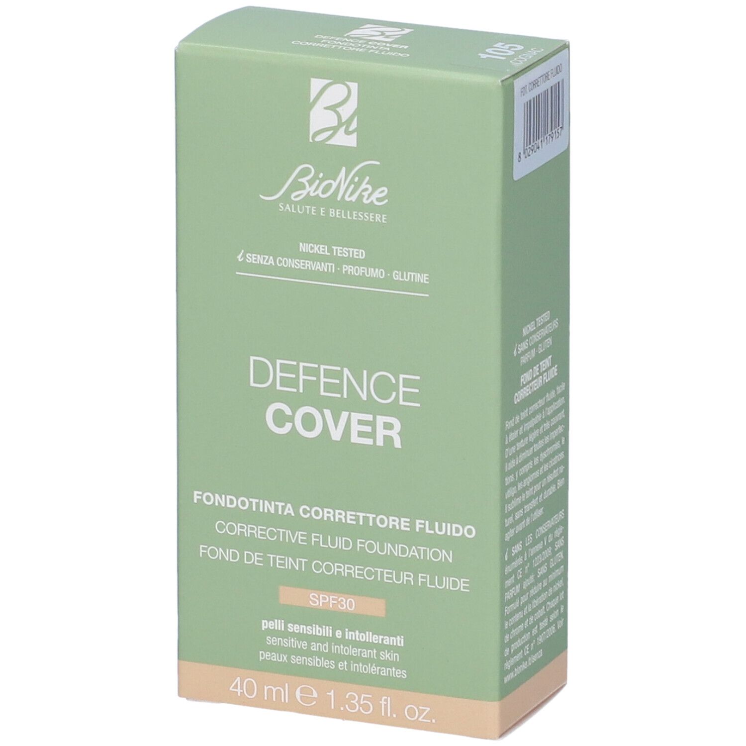 Scatola verde. Scritte: Bionike, Defence Cover, Fondotinta Correttore Fluido, SPF30, 40 ml.