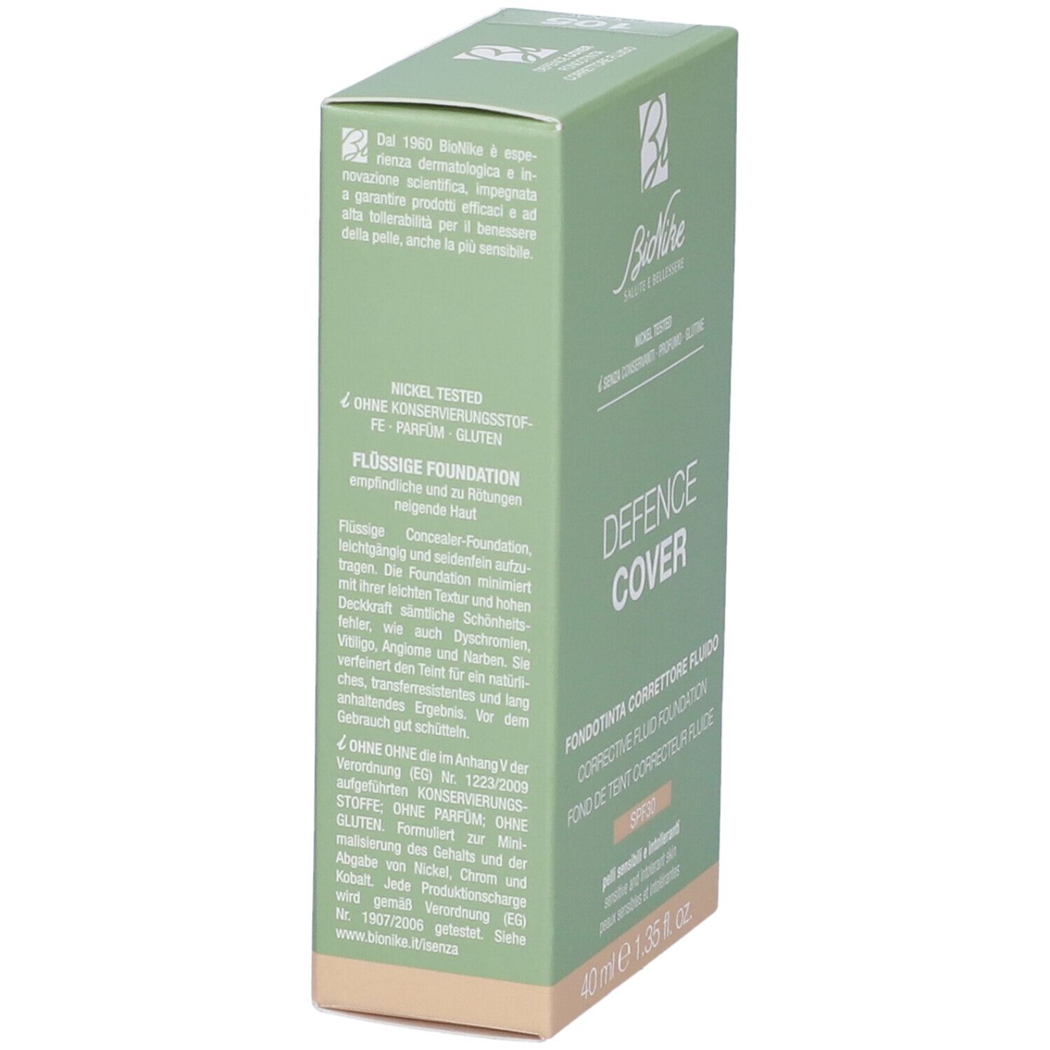 Scatola verde. Scritte: Bionike, Defence Cover, Fondotinta Correttore Fluido, SPF30, 40 ml. Testo.