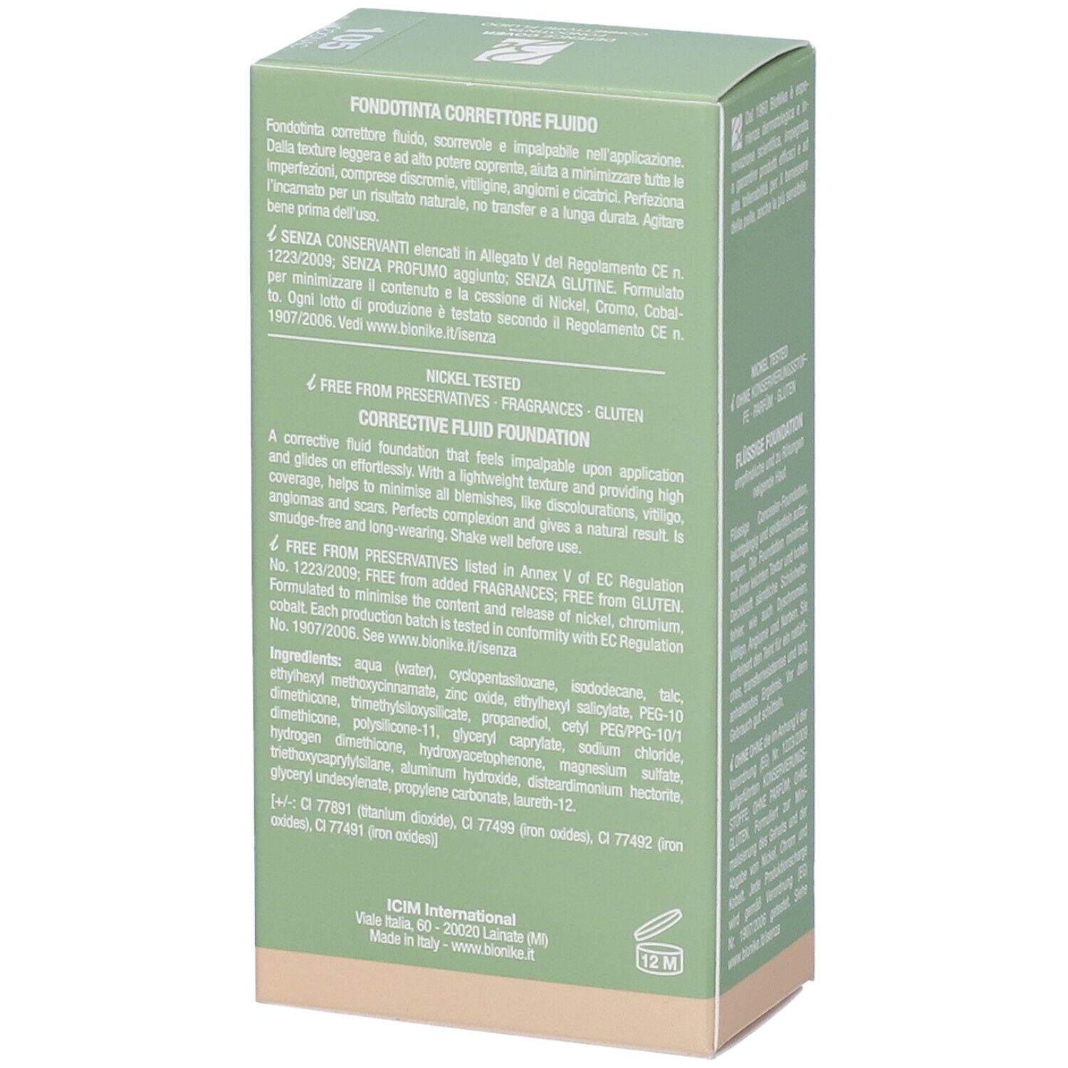 Scatola verde. Scritte: Bionike, Defence Cover, Fondotinta Correttore Fluido, SPF30, 40 ml. Testo.
