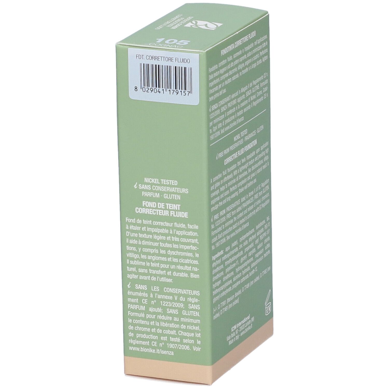 Scatola verde. Scritte: Bionike, Defence Cover, Fondotinta Correttore Fluido, SPF30, 40 ml. Testo.