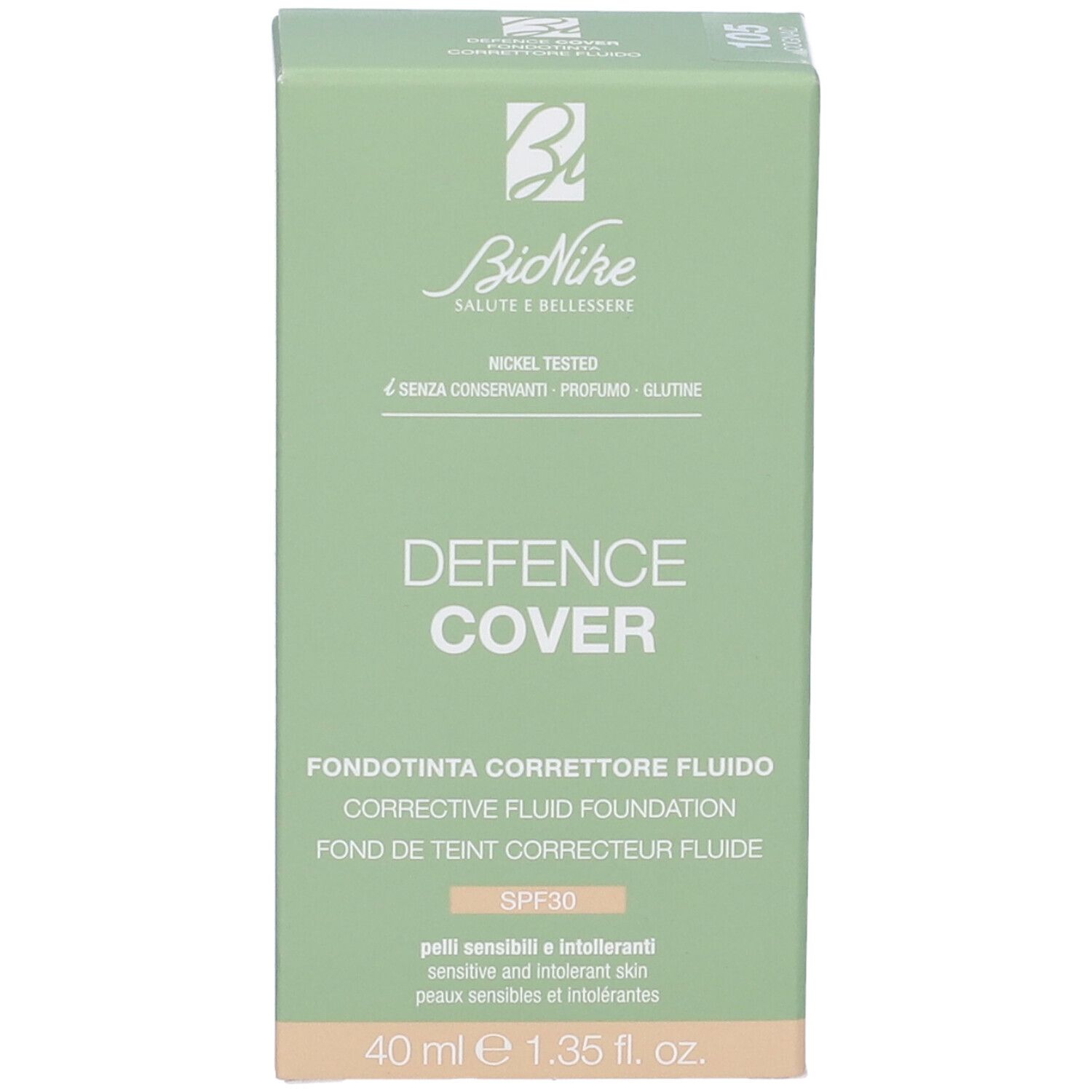 Scatola verde. Scritte: Bionike, Defence Cover, Fondotinta Correttore Fluido, SPF30, 40 ml.