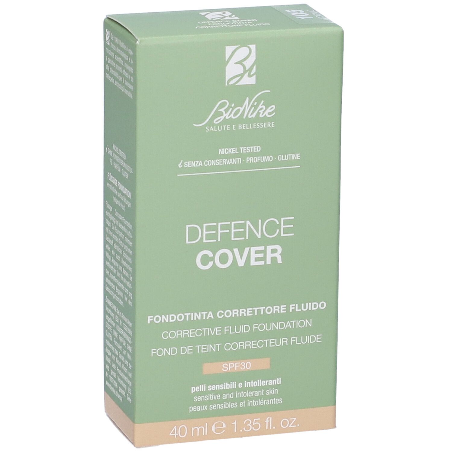 Scatola verde. Scritte: Bionike, Defence Cover, Fondotinta Correttore Fluido, SPF30, 40 ml.