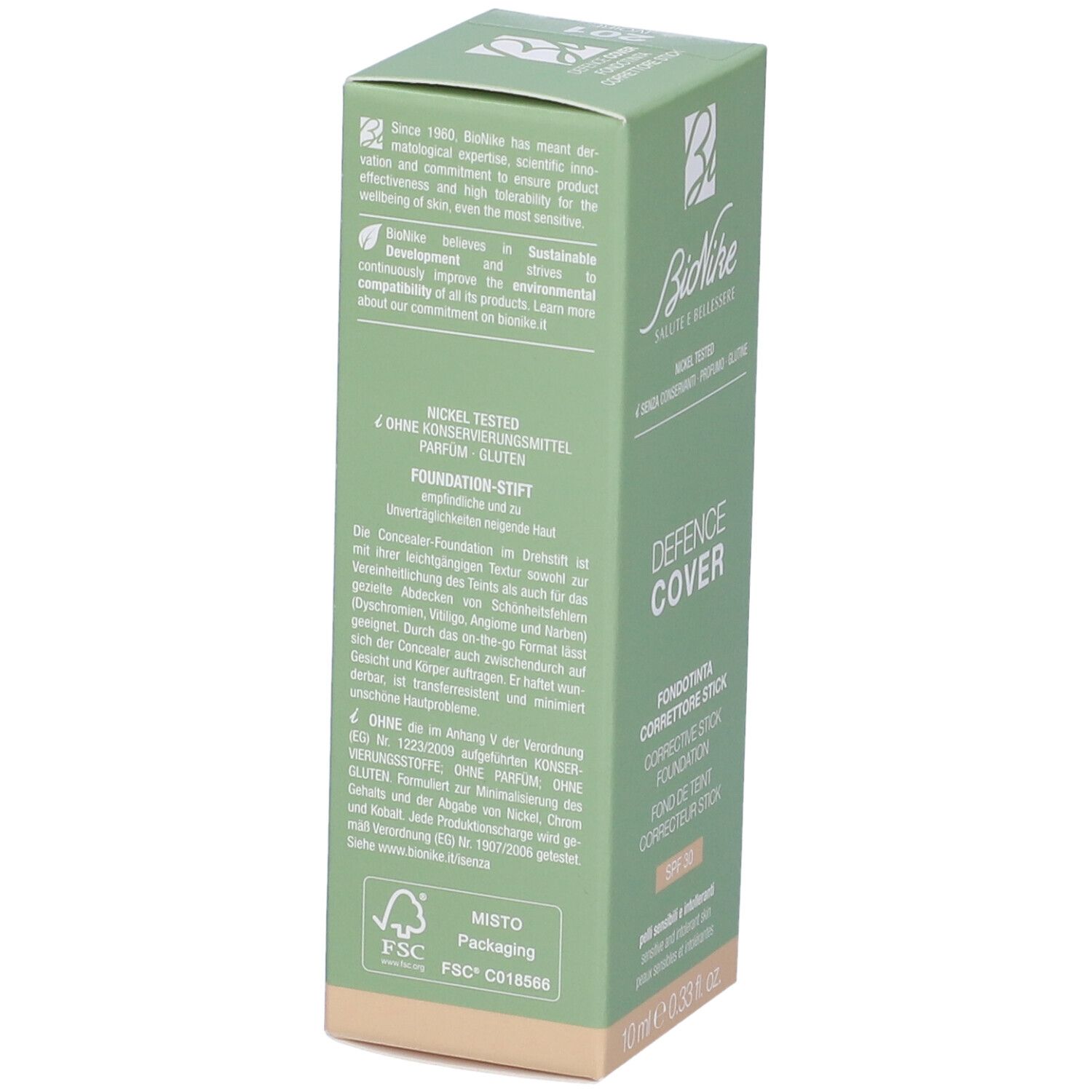 Scatola verde con testo. Scritta: Bionike, Nickel Tested, Fondotinta.