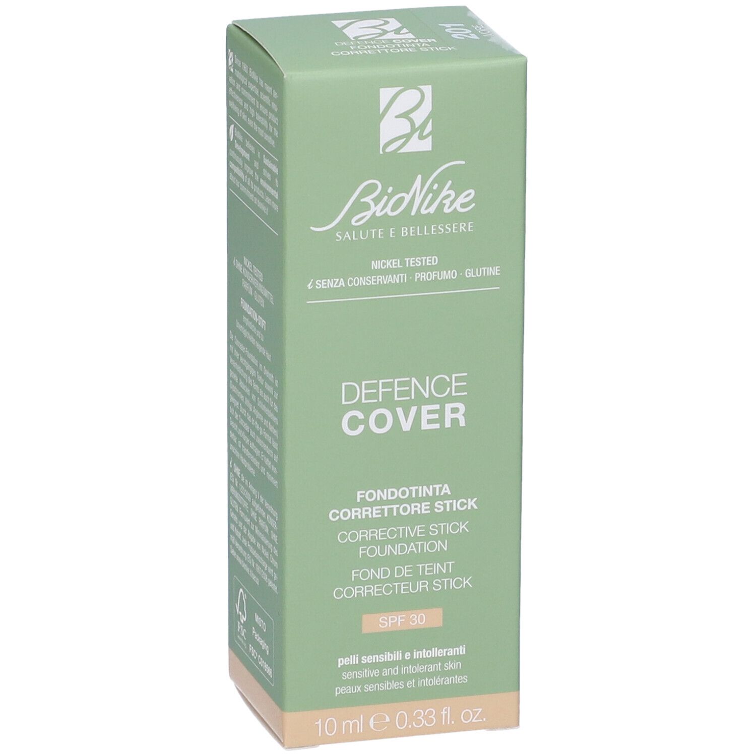 Scatola verde con informazioni prodotto. Scritta: DEFENCE COVER, SPF 30.