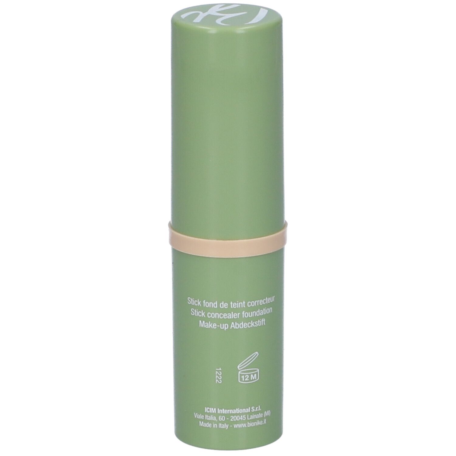 Stick verde con linea beige. Scritta: Bionike, DEFENCE COVER, Fondotinta correttore stick.