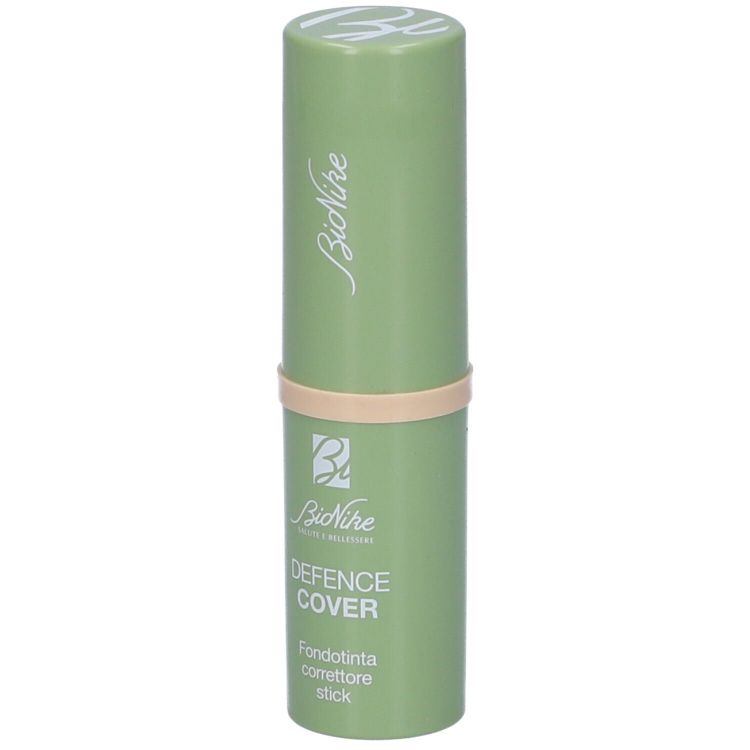 Stick verde con linea beige. Scritta: Bionike, DEFENCE COVER, Fondotinta correttore stick.