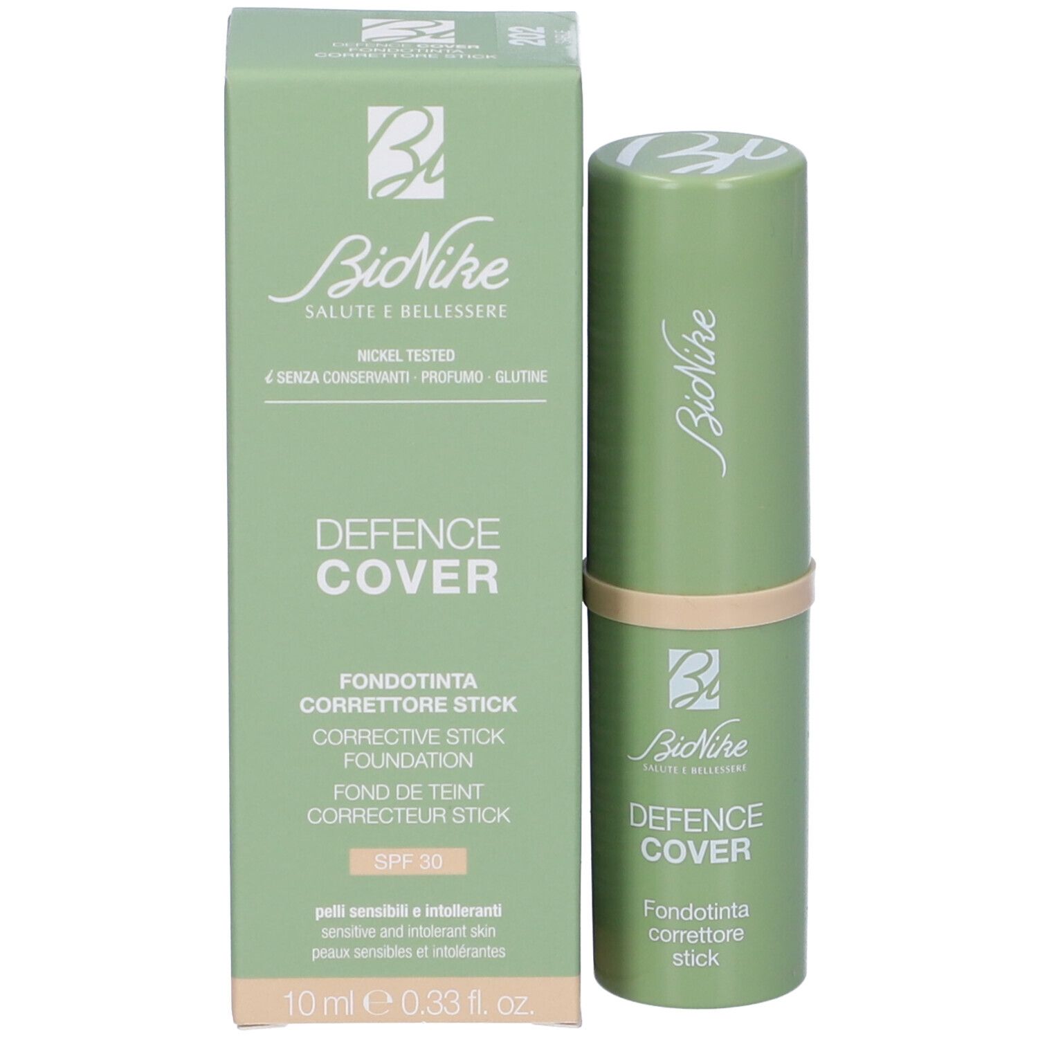 Stick verde e confezione. Scritta: Bionike, DEFENCE COVER, Fondotinta correttore stick, SPF 30.