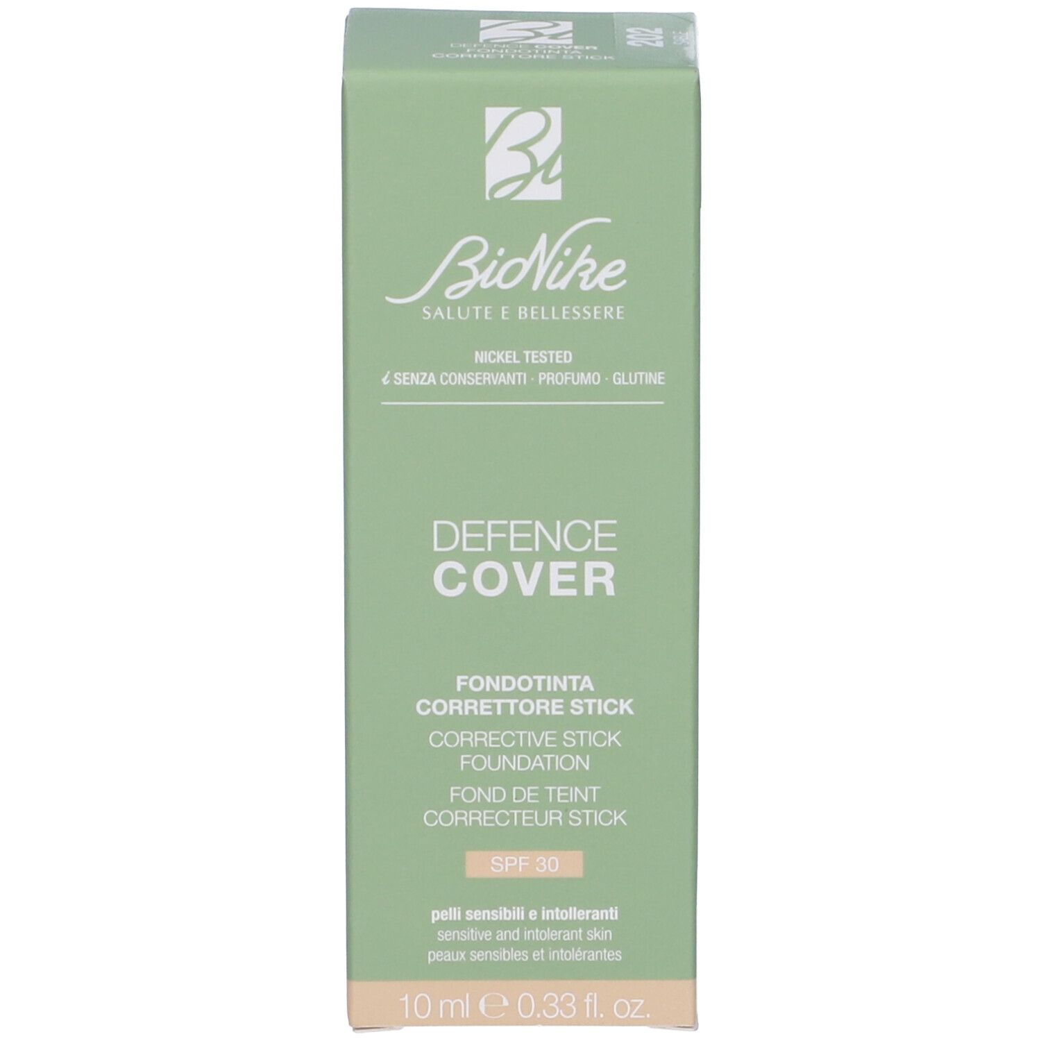 Confezione con stick. Scritta: Bionike, DEFENCE COVER, Fondotinta correttore stick, SPF 30.