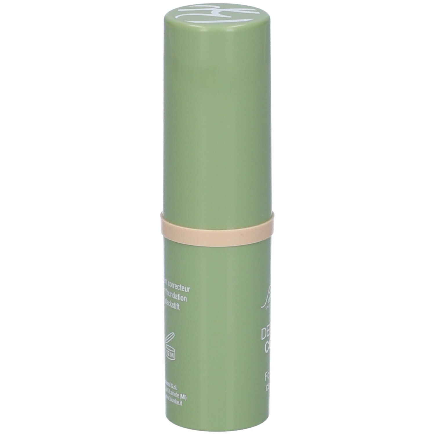 Stick verde con fascia beige. Scritta: Stick fond de teint correcteur, Make-up Abdeckstift.